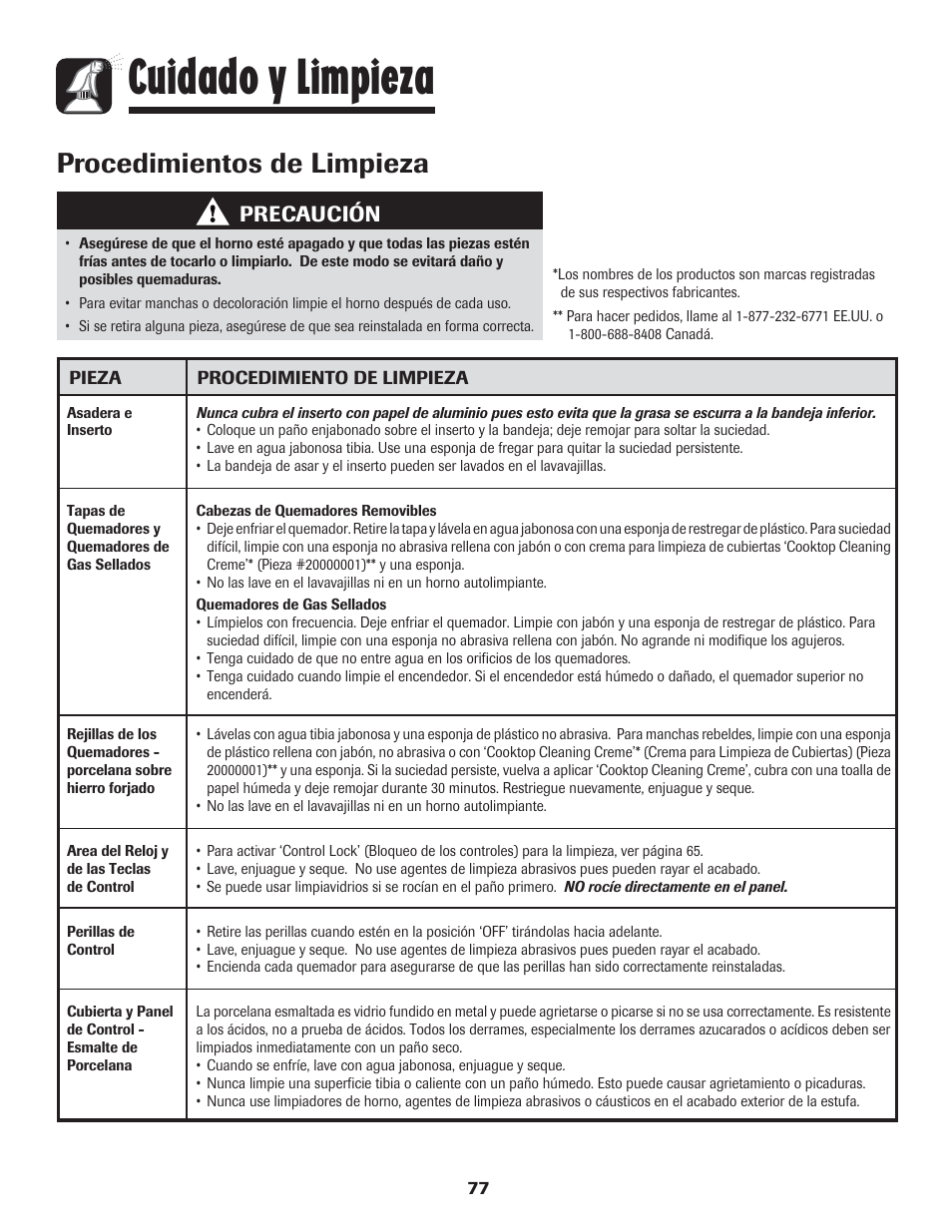 Cuidado y limpieza, Procedimientos de limpieza, Precaución | LG 800 User Manual | Page 78 / 84