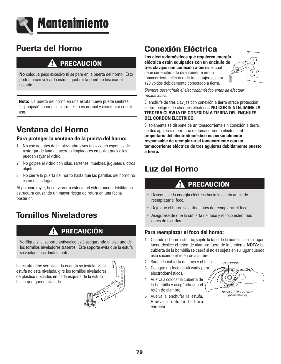 Mantenimiento, Puerta del horno, Ventana del horno | Luz del horno conexión eléctrica, Tornillos niveladores, Precaución | LG 800 User Manual | Page 80 / 84