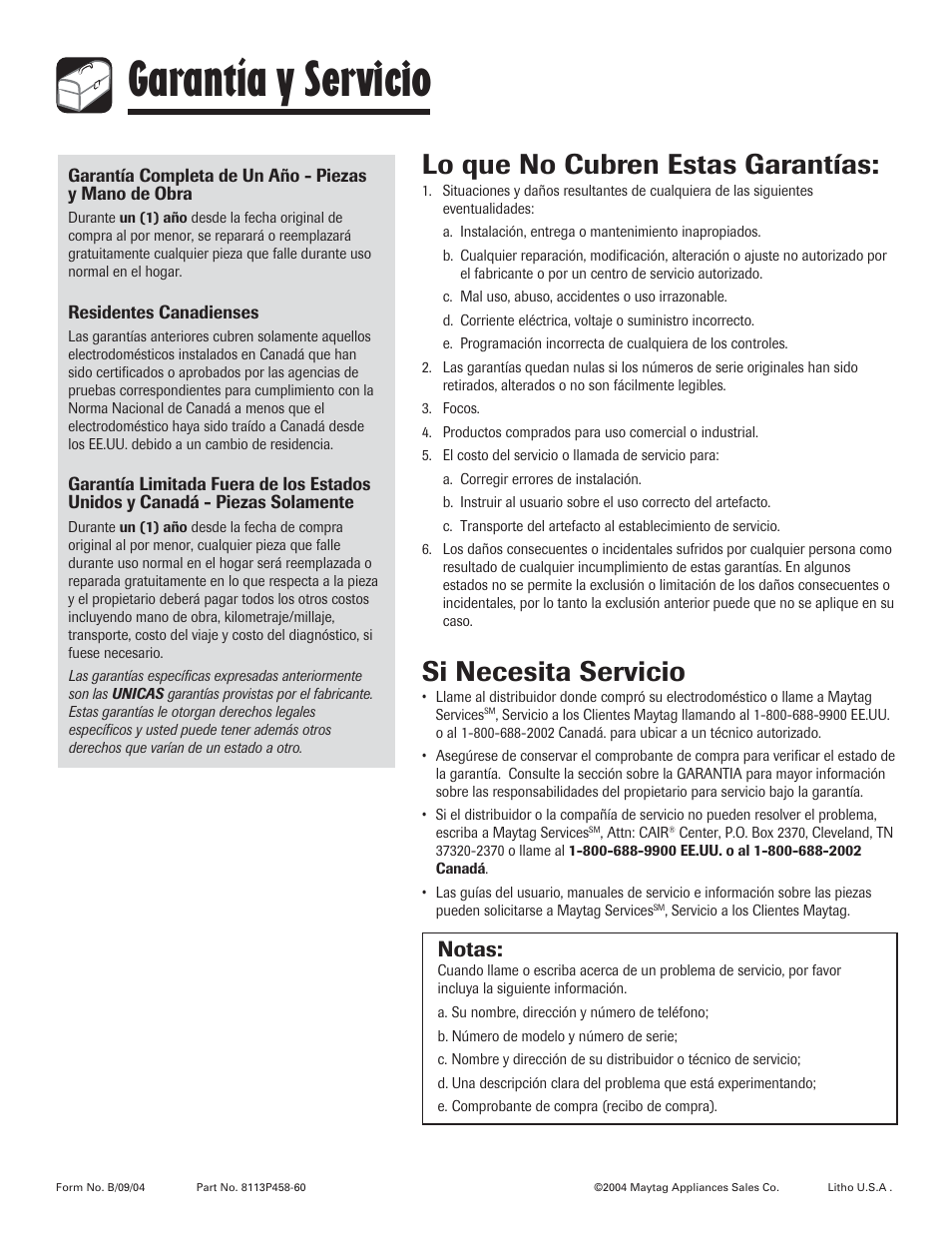 Garantía y servicio, Lo que no cubren estas garantías, Si necesita servicio | Notas | LG 800 User Manual | Page 84 / 84