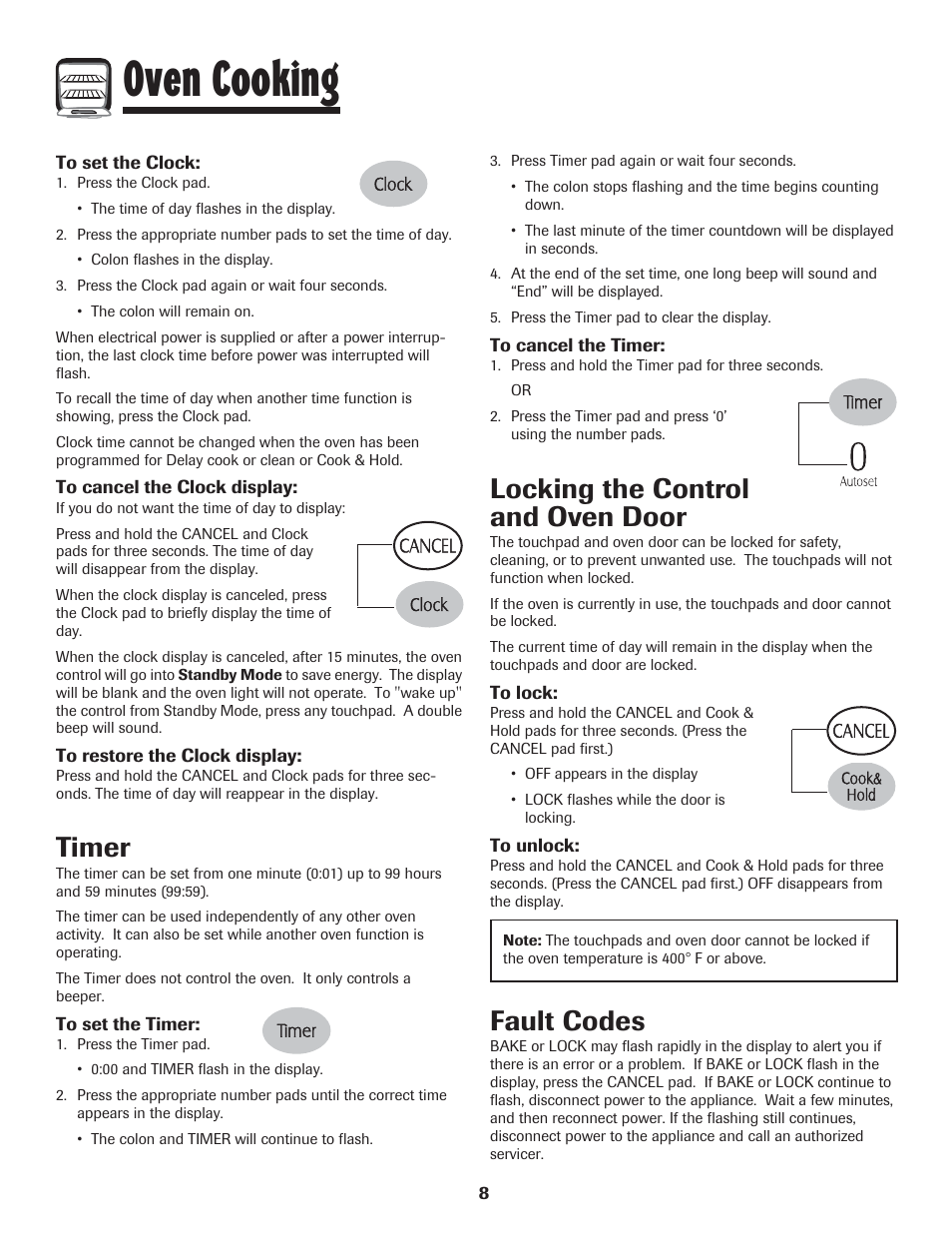 Oven cooking, Timer, Locking the control and oven door | Fault codes | LG 800 User Manual | Page 9 / 84