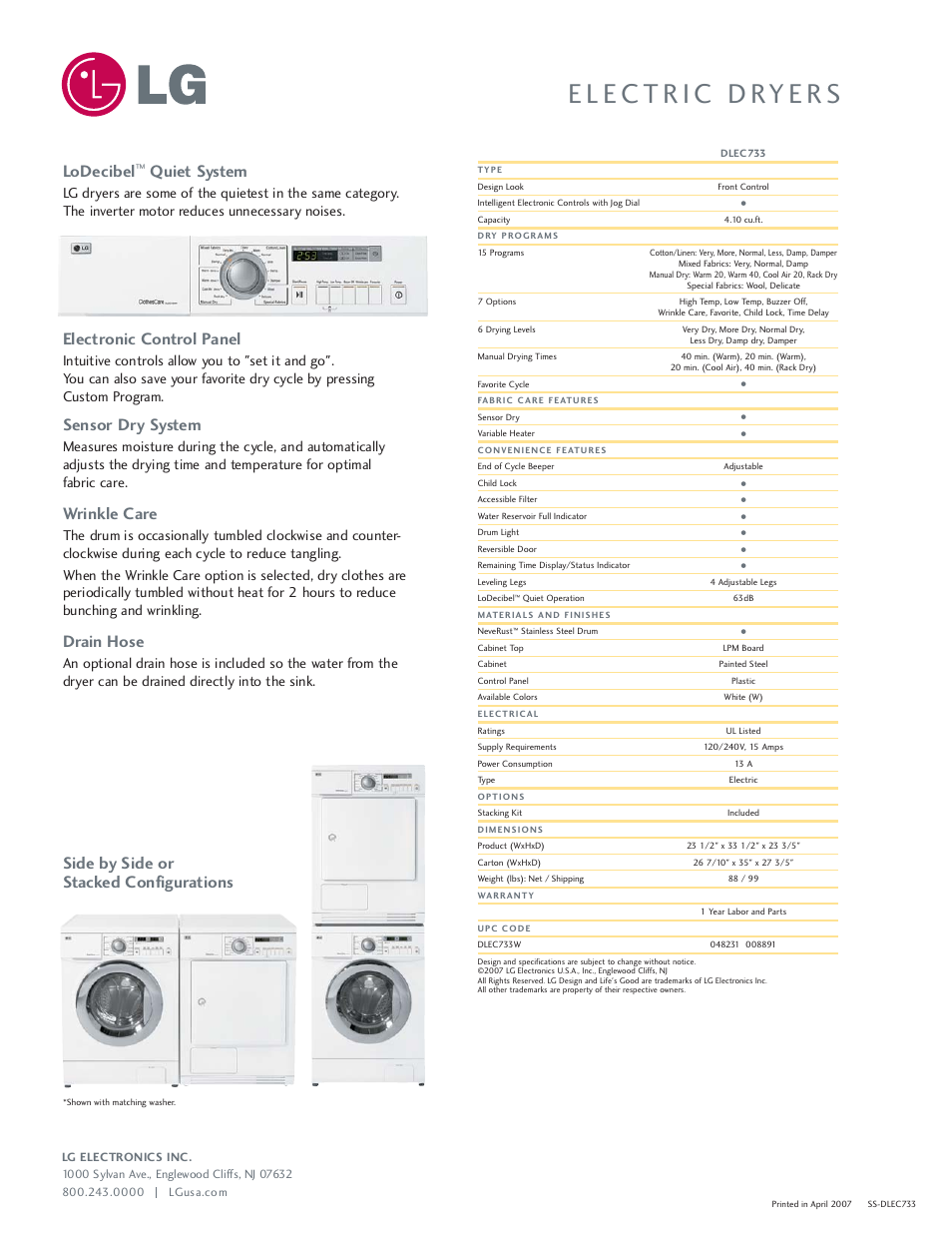 Lodecibel, Quiet system, Electronic control panel | Sensor dry system, Wrinkle care, Drain hose, Side by side or stacked configurations | LG DLEC733 User Manual | Page 2 / 2