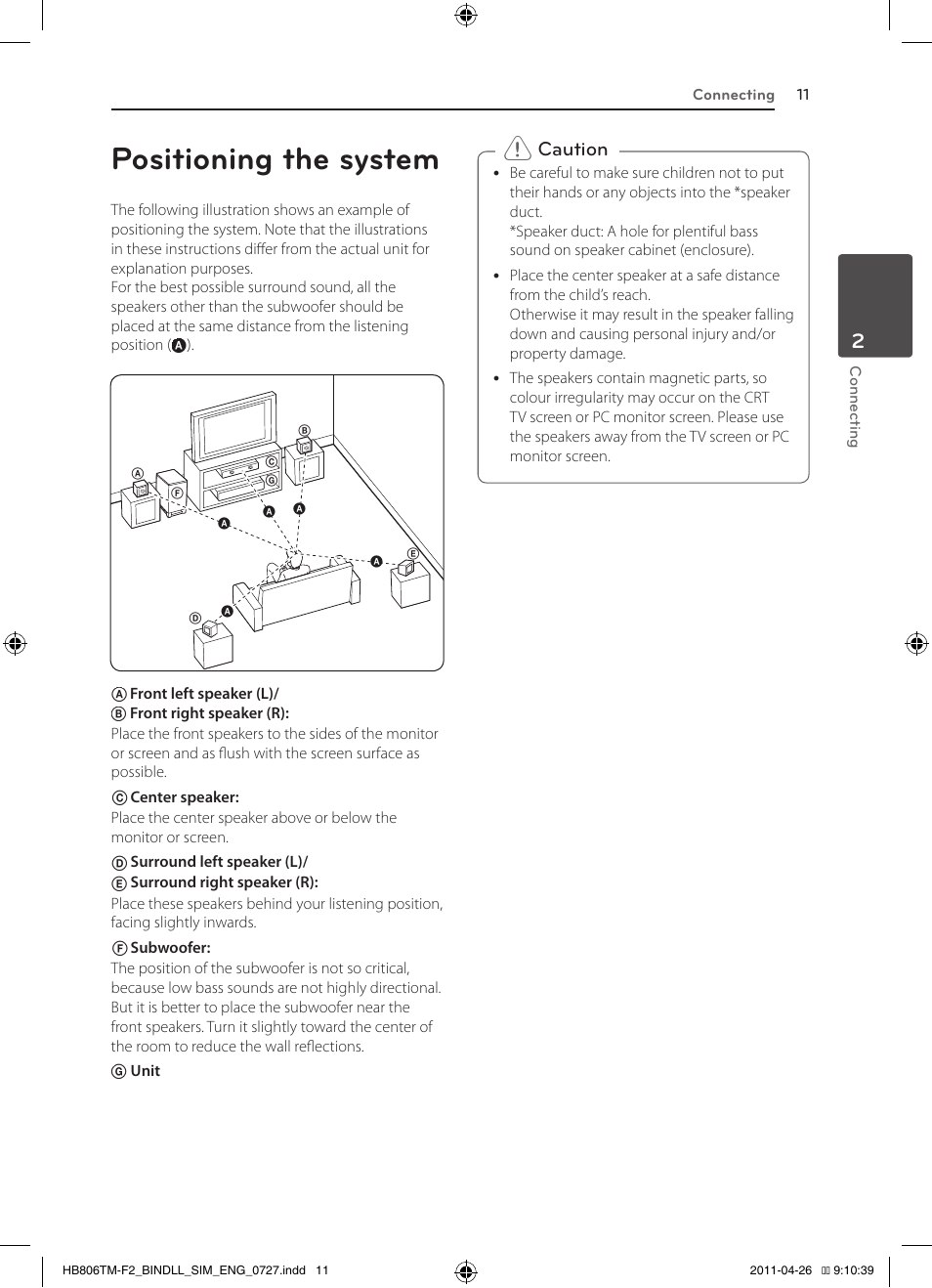 Positioning the system, Caution | LG HB806TM User Manual | Page 11 / 22
