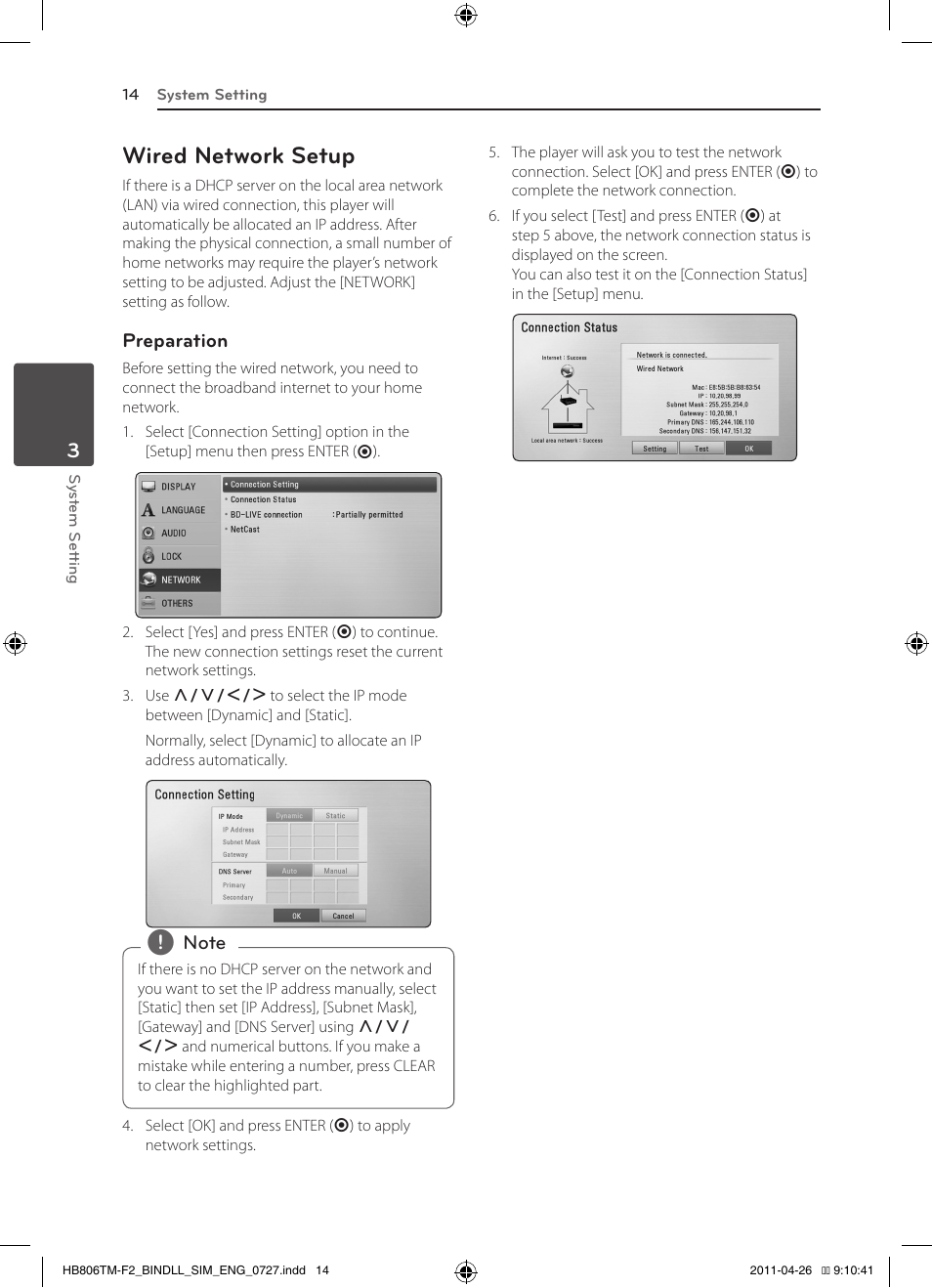Wired network setup | LG HB806TM User Manual | Page 14 / 22