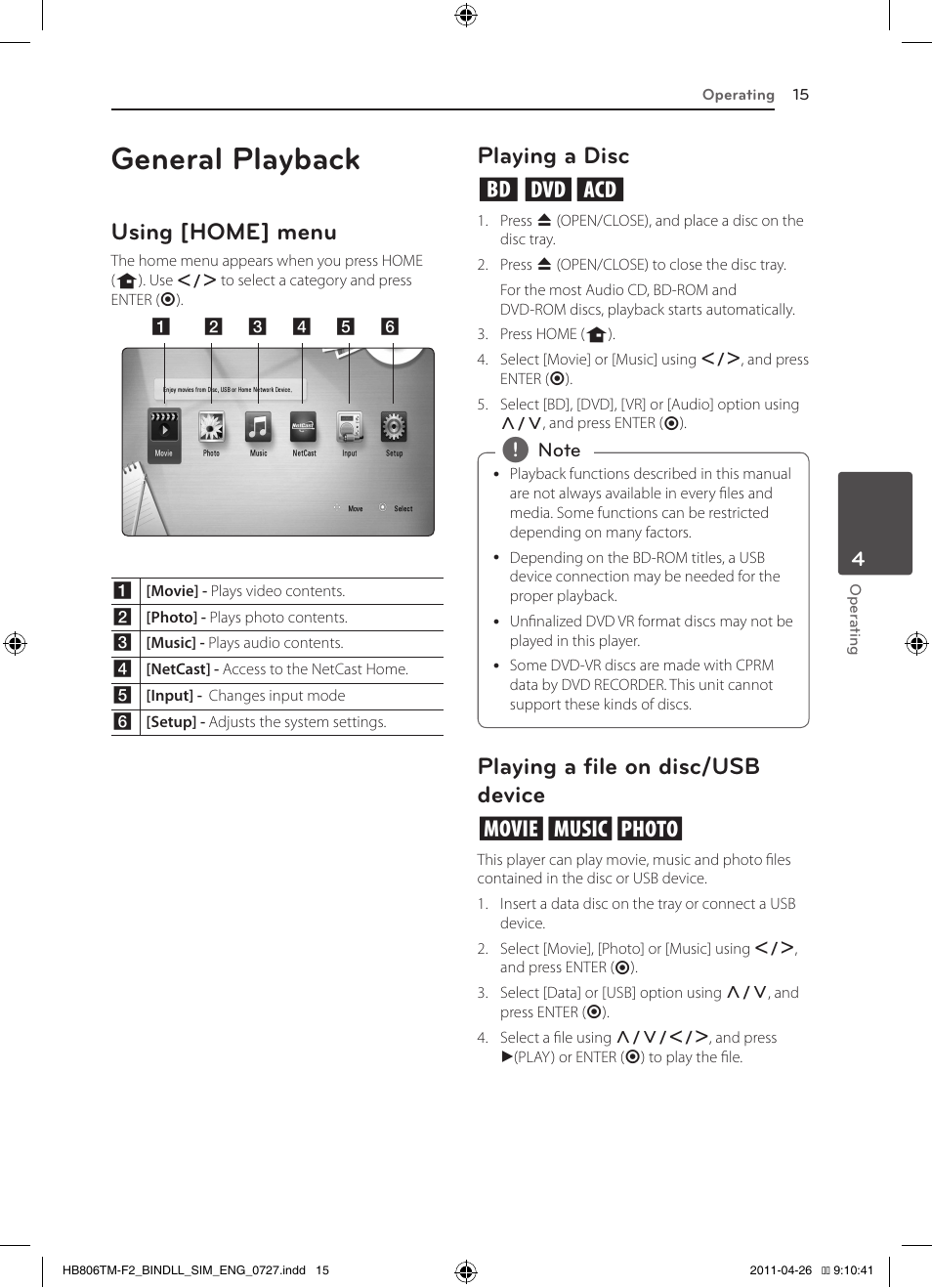 General playback, Using [home] menu, Playing a disc ert | Playing a file on disc/usb device yui | LG HB806TM User Manual | Page 15 / 22