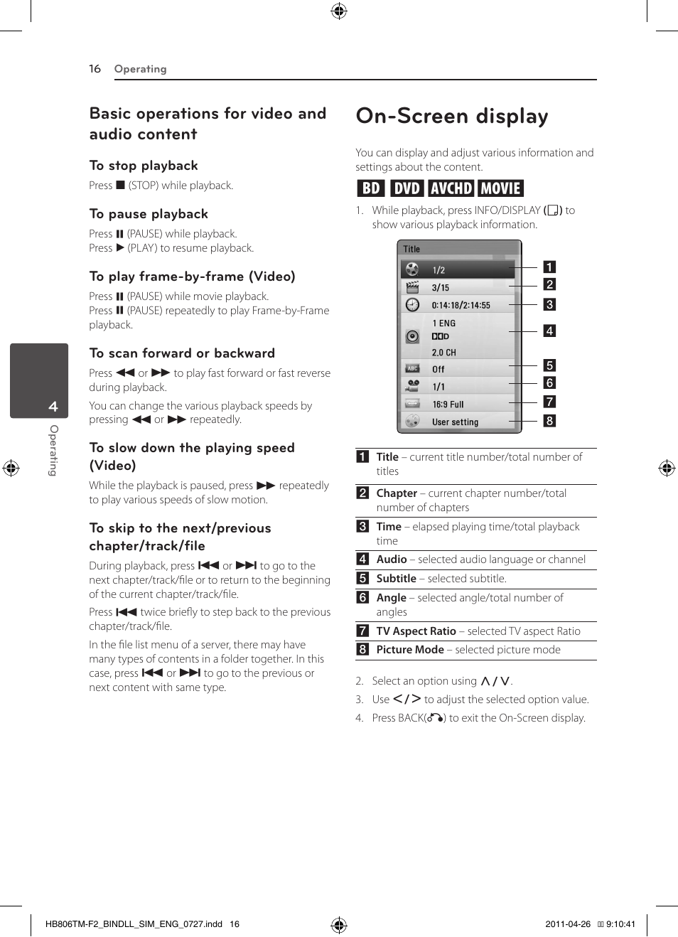 On-screen display, Basic operations for video and audio content, Eroy | LG HB806TM User Manual | Page 16 / 22