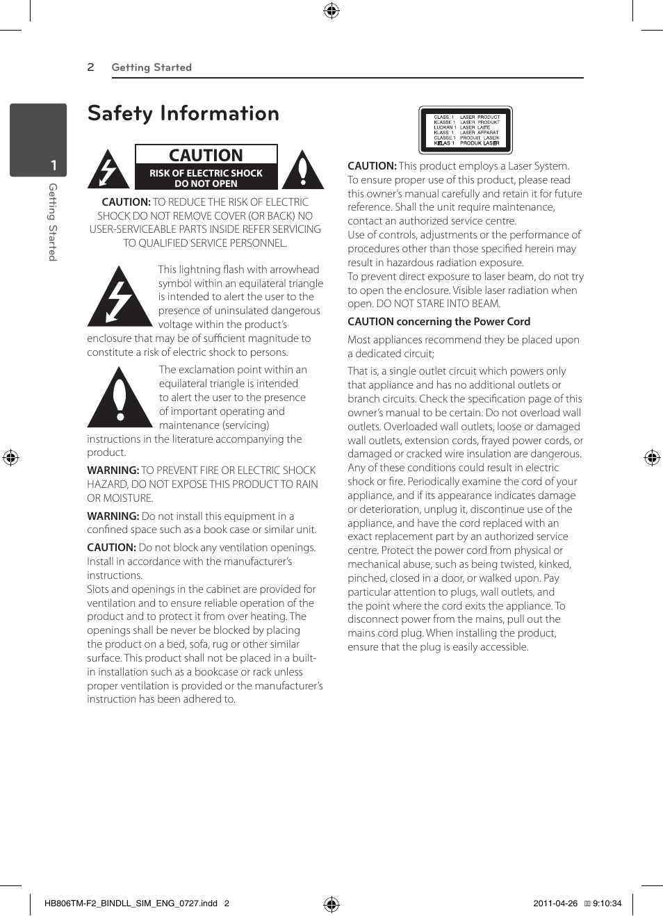 Safety information, Caution | LG HB806TM User Manual | Page 2 / 22