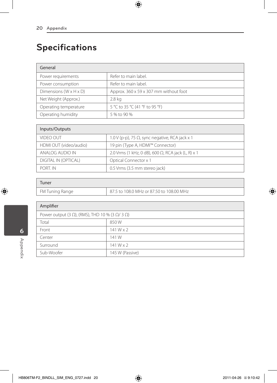 Specifications | LG HB806TM User Manual | Page 20 / 22