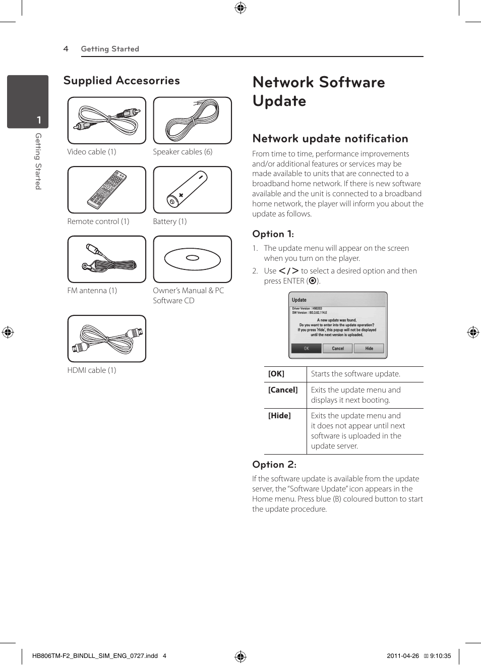 Network software update, Supplied accesorries, Network update notification | LG HB806TM User Manual | Page 4 / 22