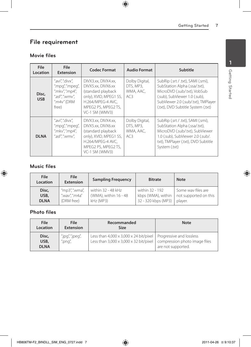 File requirement, Movie files, Music files | Photo files | LG HB806TM User Manual | Page 7 / 22