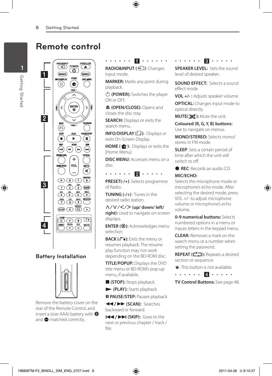 Remote control | LG HB806TM User Manual | Page 8 / 22