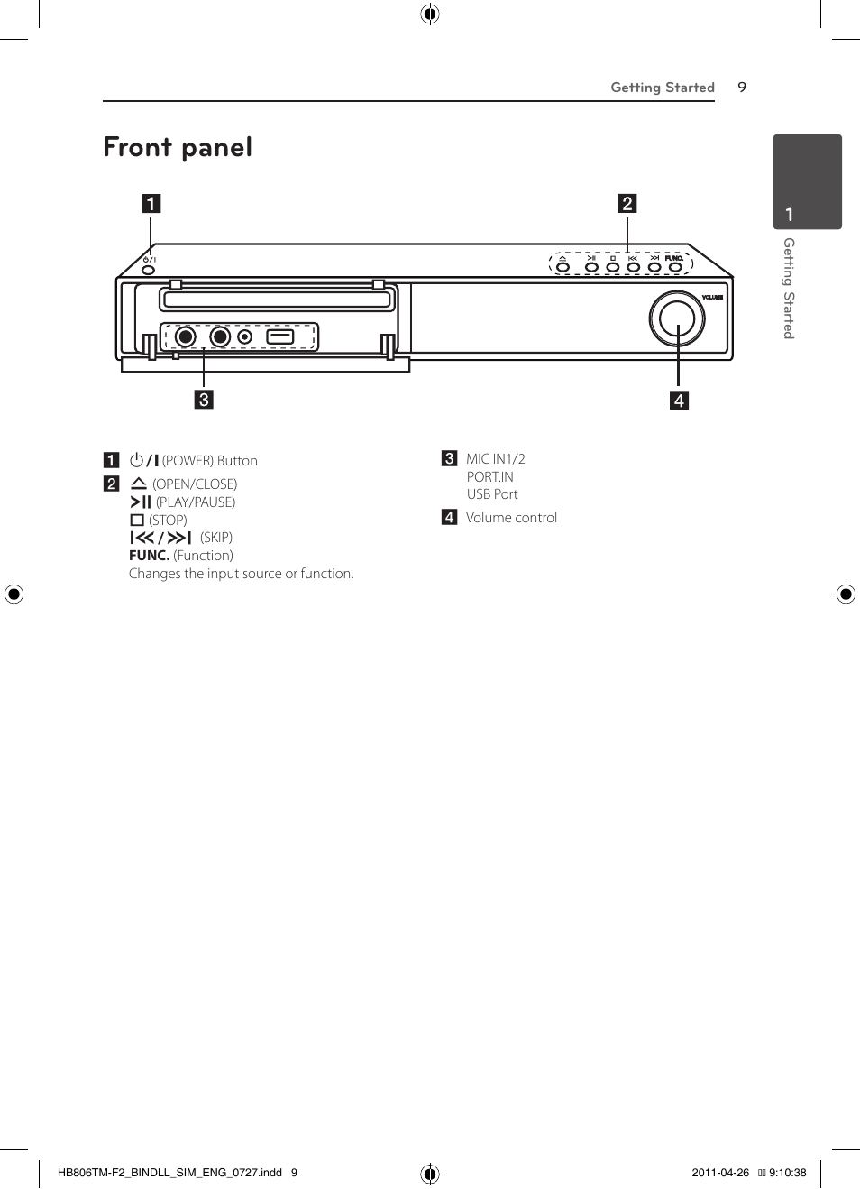 Front panel | LG HB806TM User Manual | Page 9 / 22