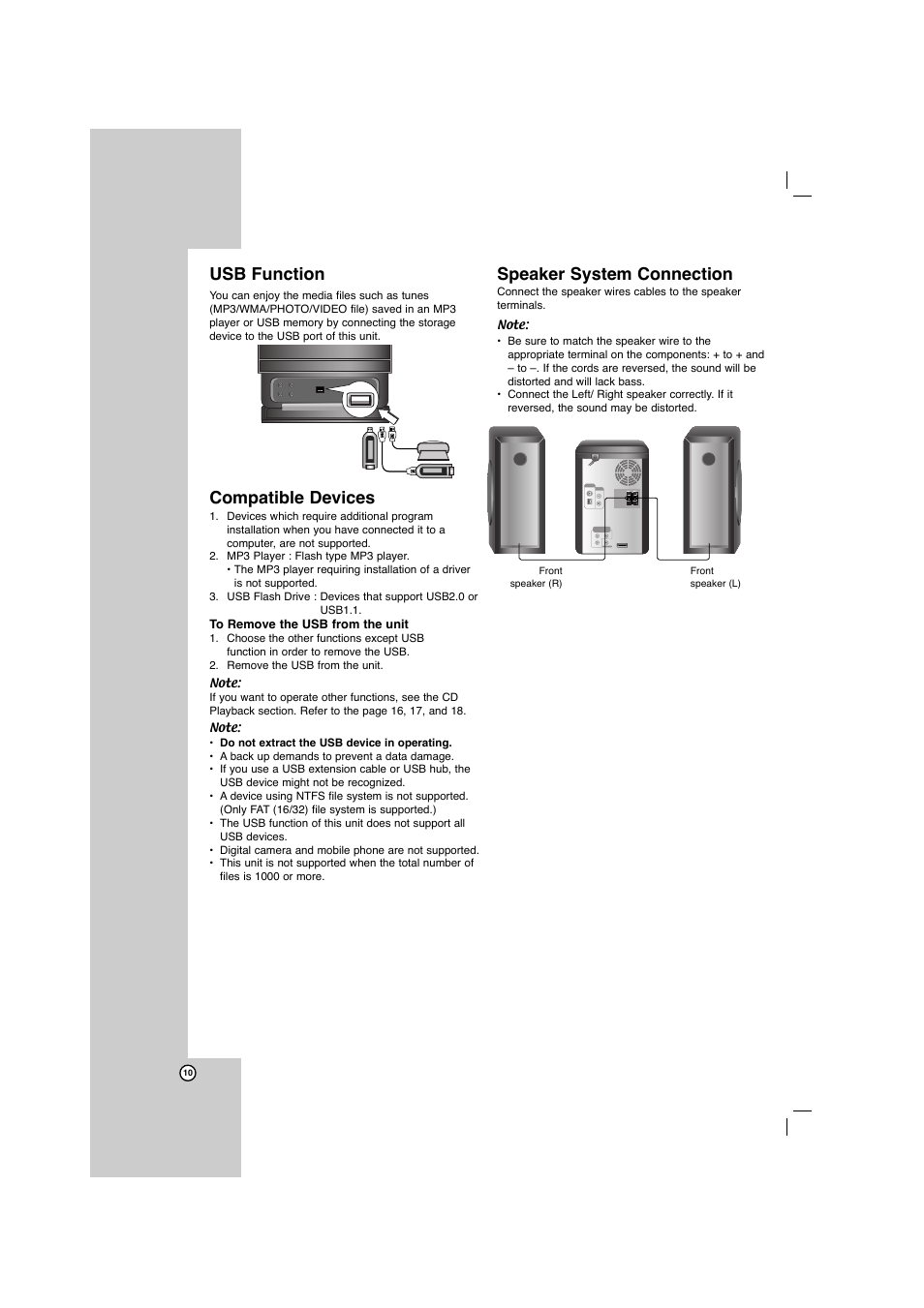 Usb function, Compatible devices, Speaker system connection | LG LFD750 User Manual | Page 10 / 29