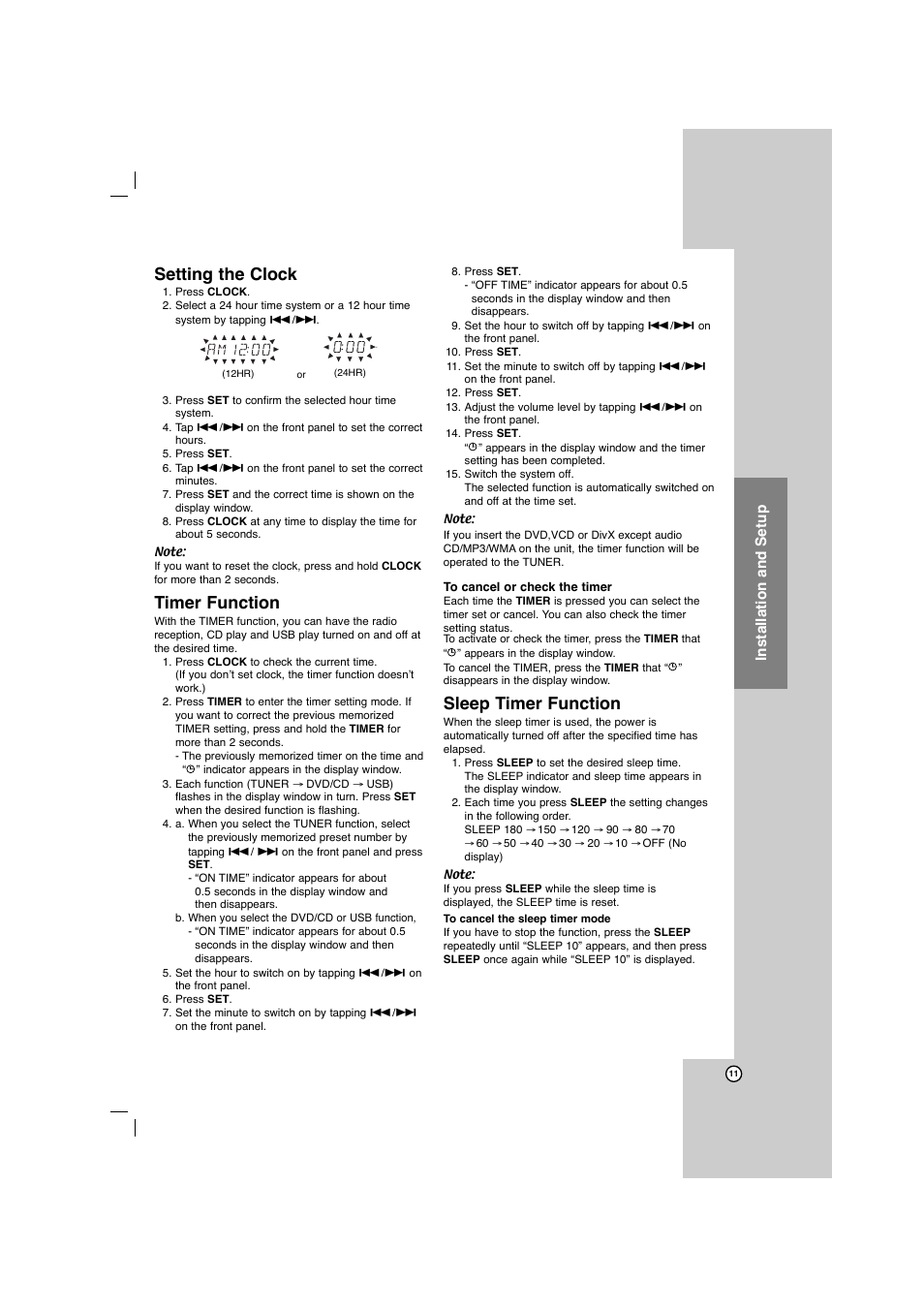 Setting the clock, Timer function, Sleep timer function | Installation and setup | LG LFD750 User Manual | Page 11 / 29