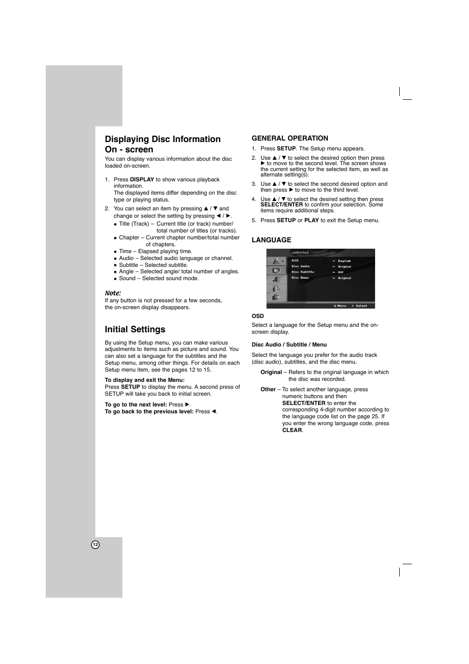 Displaying disc information on - screen, Initial settings | LG LFD750 User Manual | Page 12 / 29