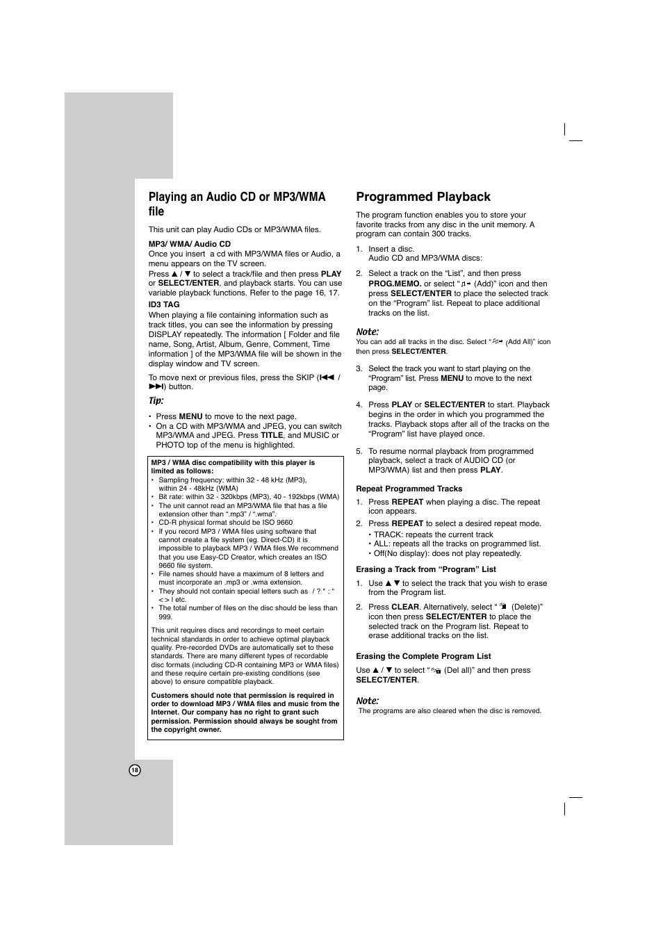 Playing an audio cd or mp3/wma file, Programmed playback | LG LFD750 User Manual | Page 18 / 29