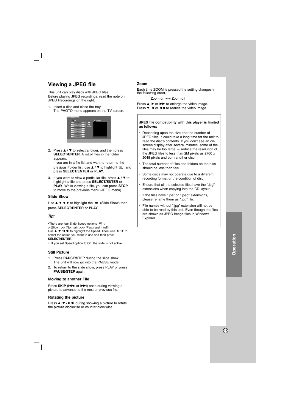 Viewing a jpeg file, Operation | LG LFD750 User Manual | Page 19 / 29