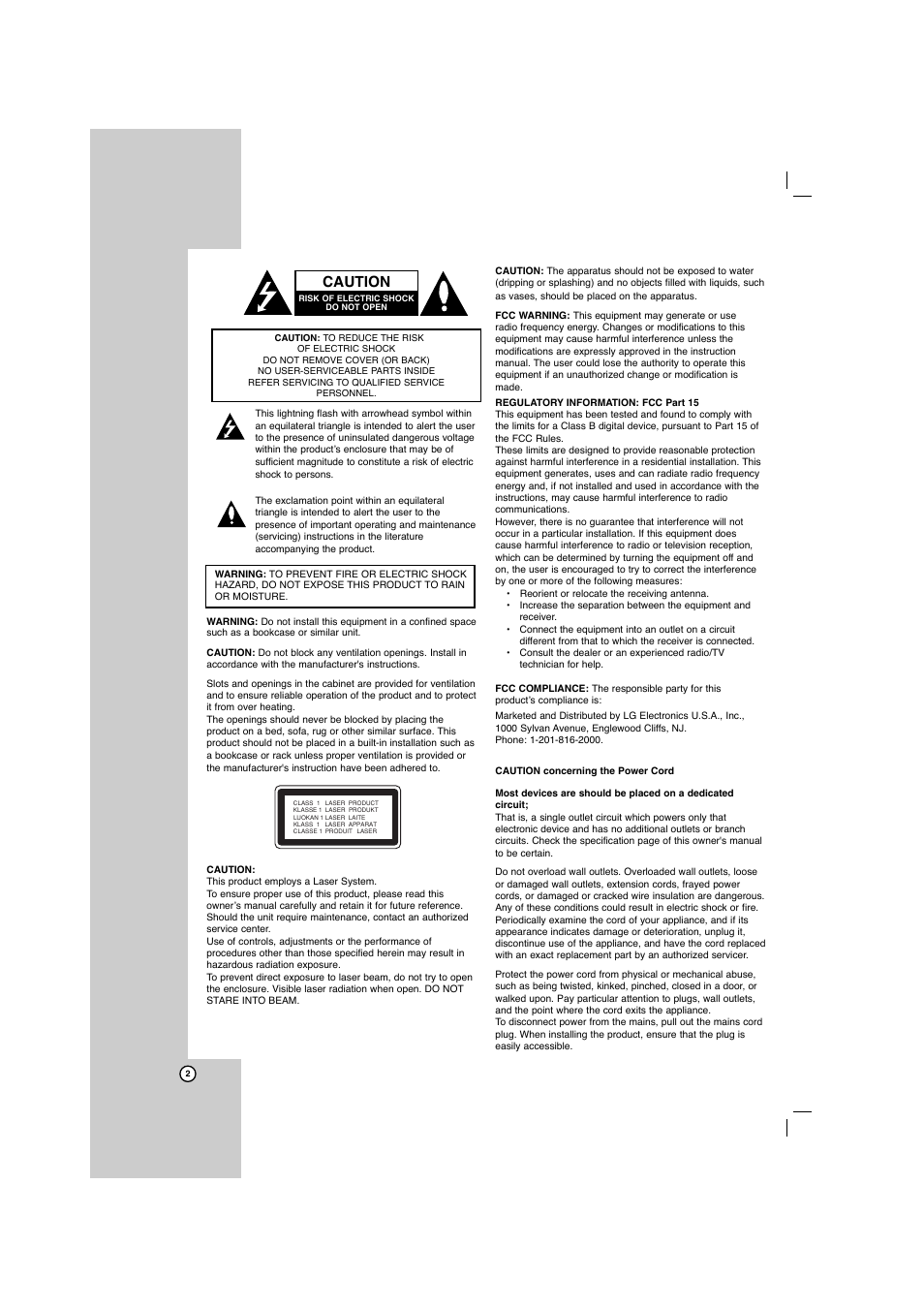 Caution | LG LFD750 User Manual | Page 2 / 29