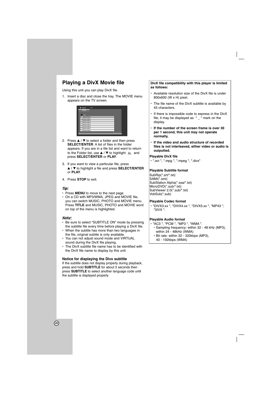 Playing a divx movie file | LG LFD750 User Manual | Page 20 / 29