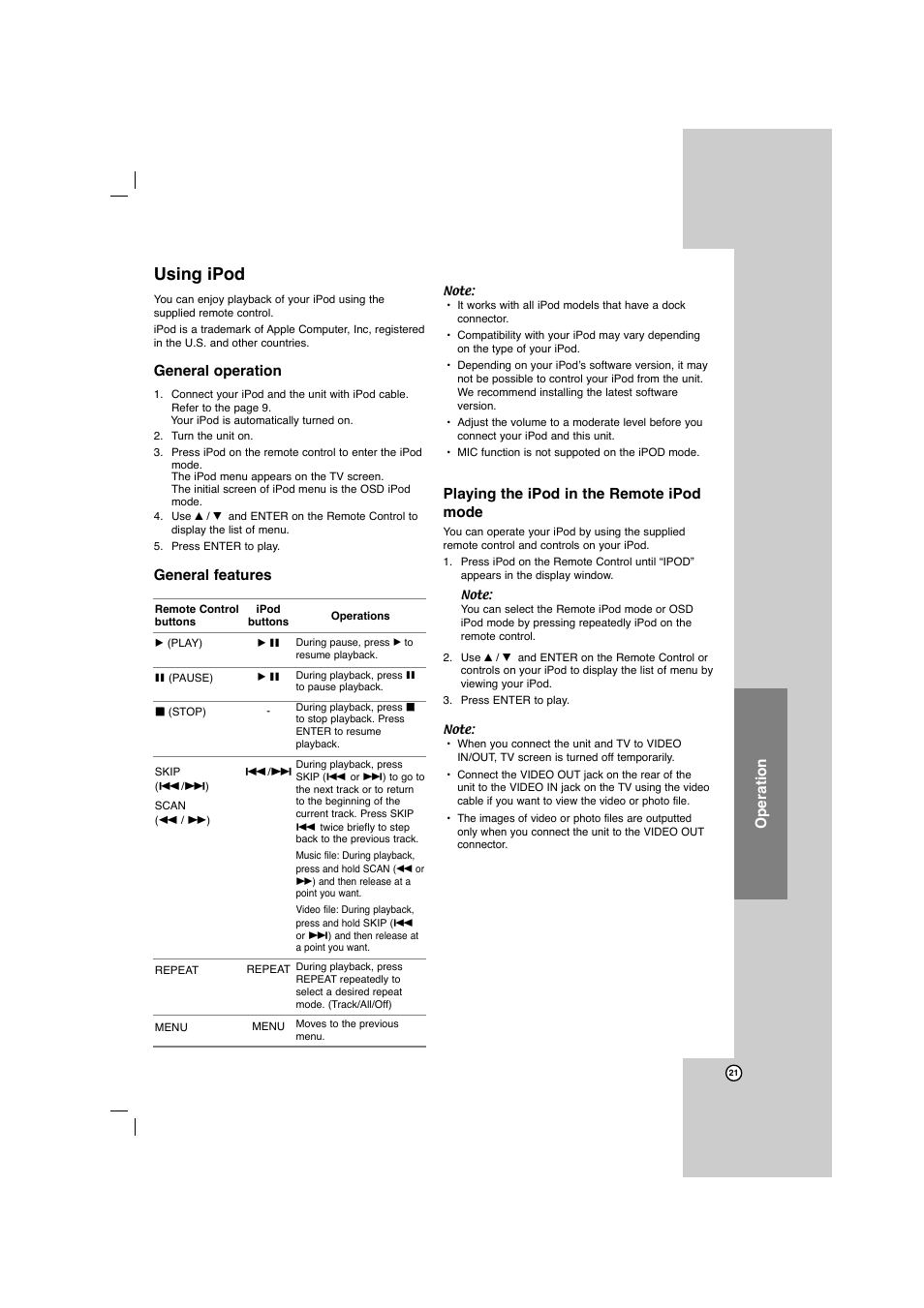 Using ipod, Operation, General operation | General features, Playing the ipod in the remote ipod mode | LG LFD750 User Manual | Page 21 / 29