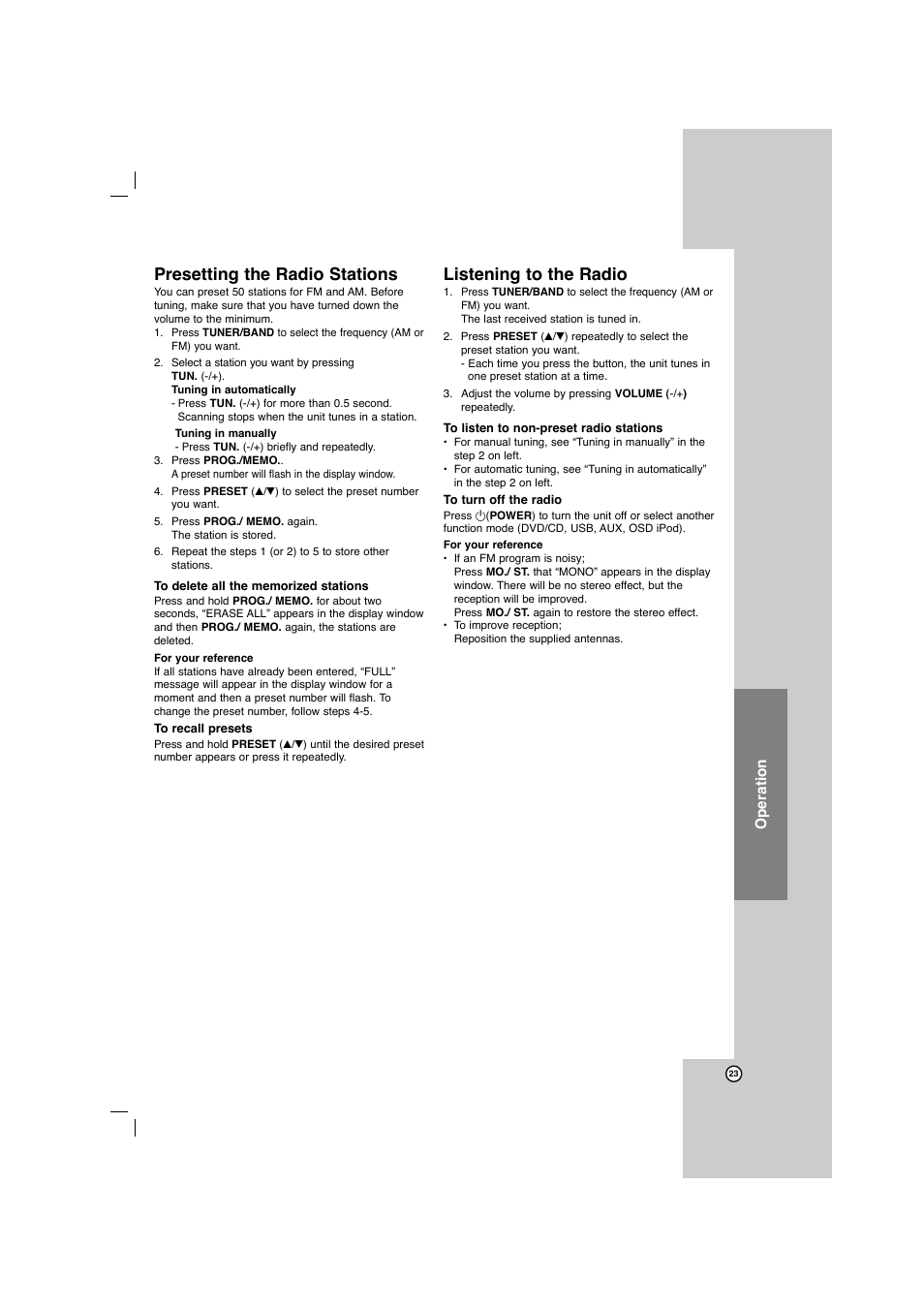 Presetting the radio stations, Listening to the radio, Operation | LG LFD750 User Manual | Page 23 / 29