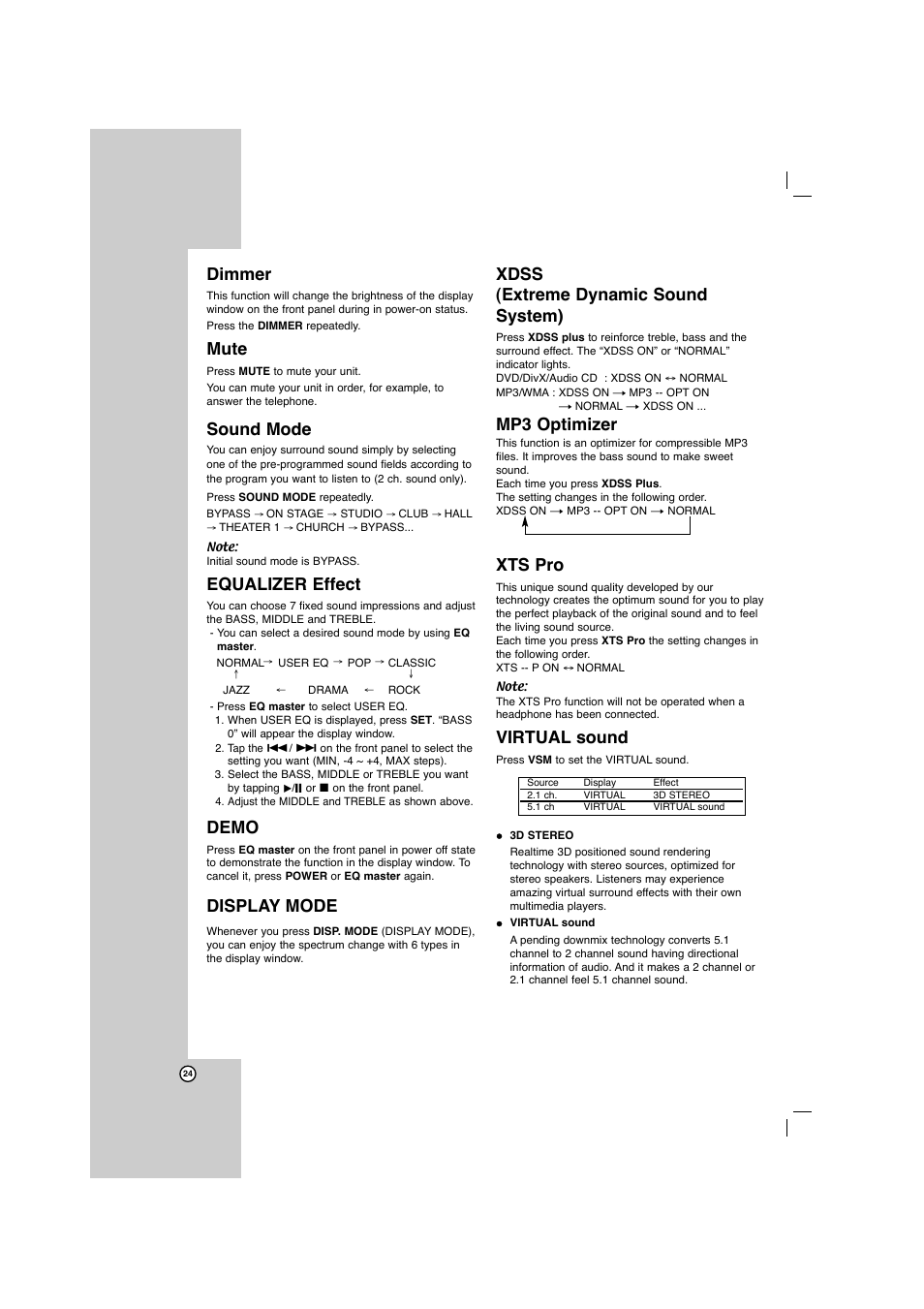 Dimmer, Mute, Sound mode | Equalizer effect, Demo, Display mode, Xdss (extreme dynamic sound system), Mp3 optimizer, Xts pro, Virtual sound | LG LFD750 User Manual | Page 24 / 29