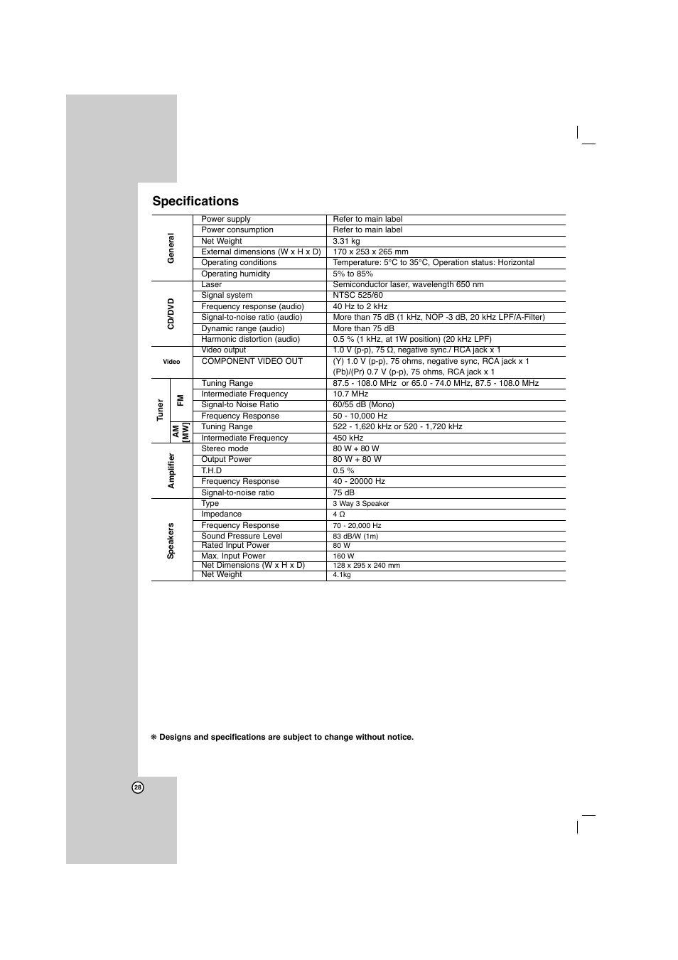 Specifications | LG LFD750 User Manual | Page 28 / 29