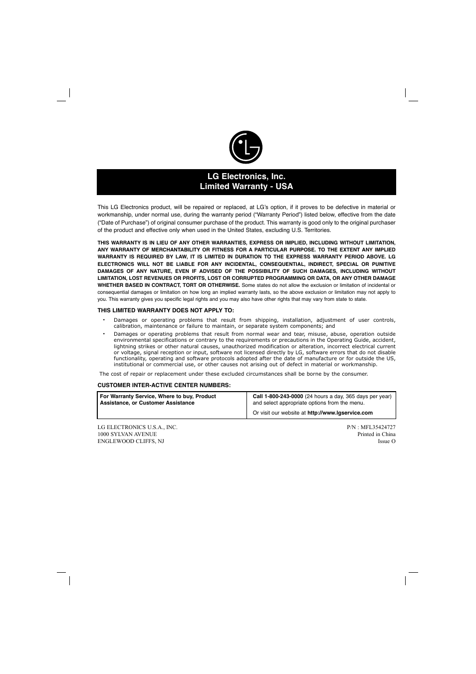 Lg electronics, inc. limited warranty - usa | LG LFD750 User Manual | Page 29 / 29