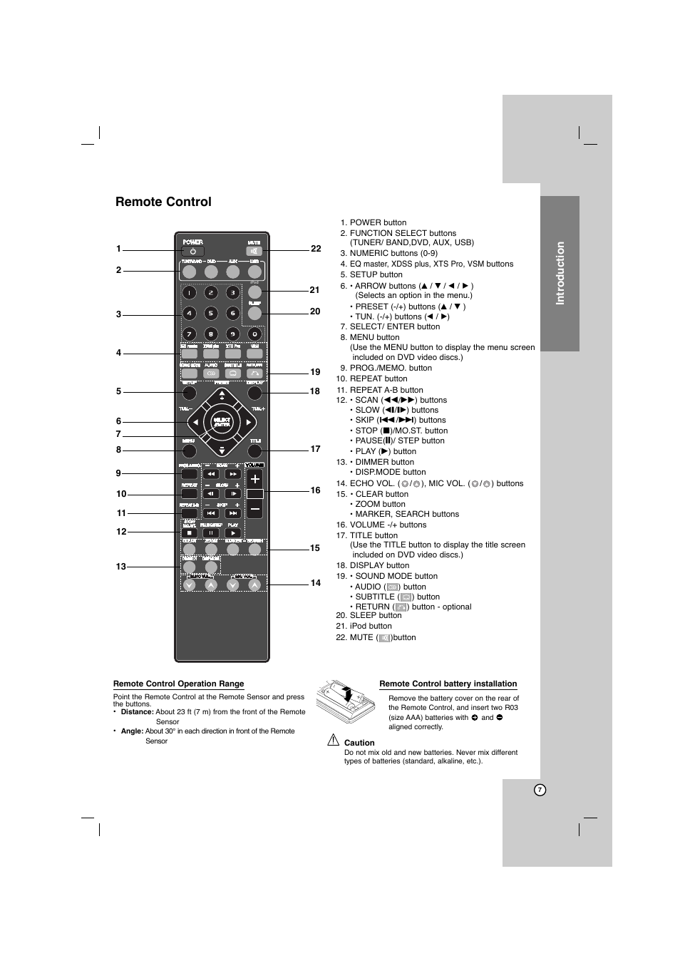 Remote control, Introduction | LG LFD750 User Manual | Page 7 / 29