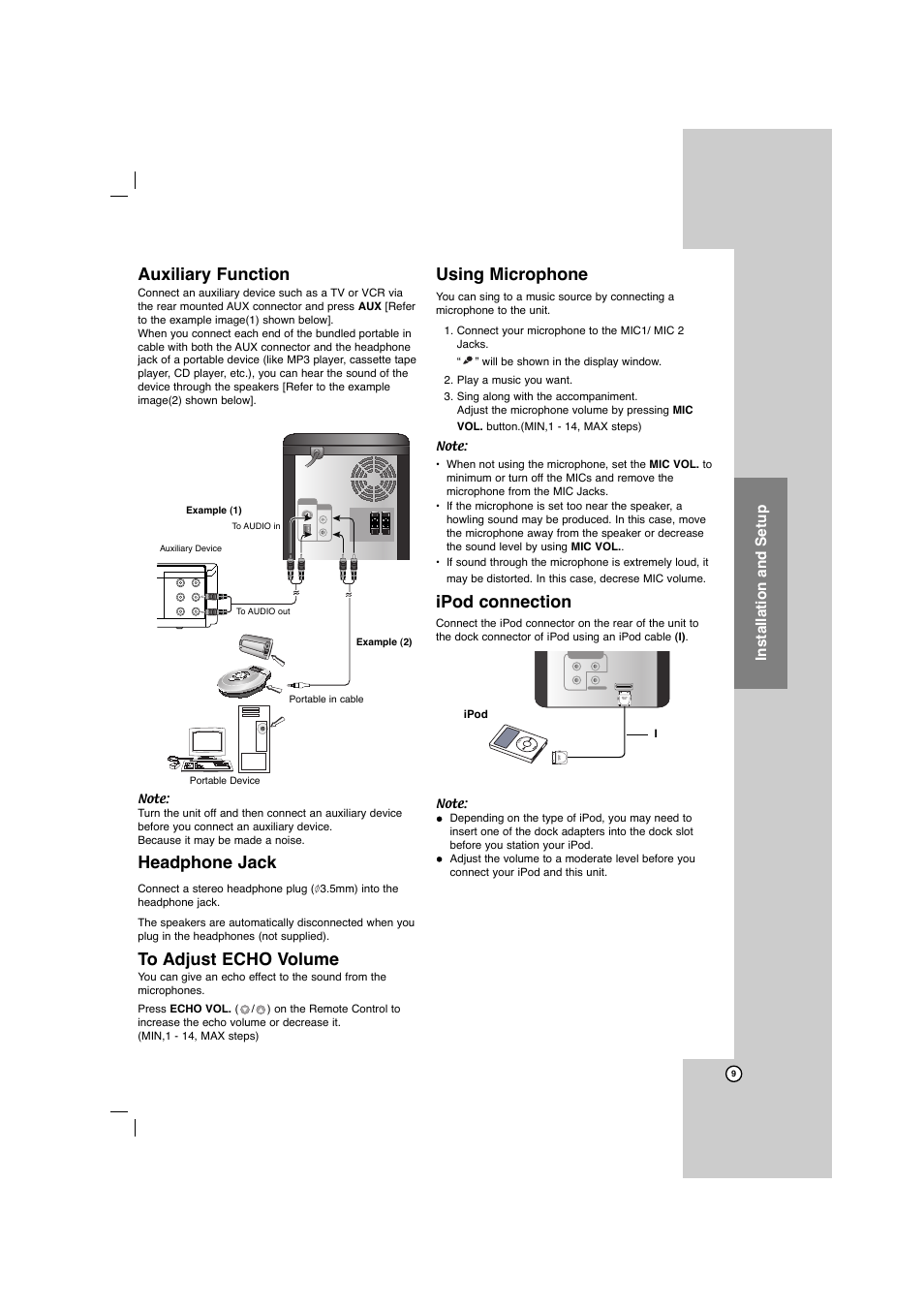 Auxiliary function, Headphone jack, Using microphone | Ipod connection, Installation and setup | LG LFD750 User Manual | Page 9 / 29