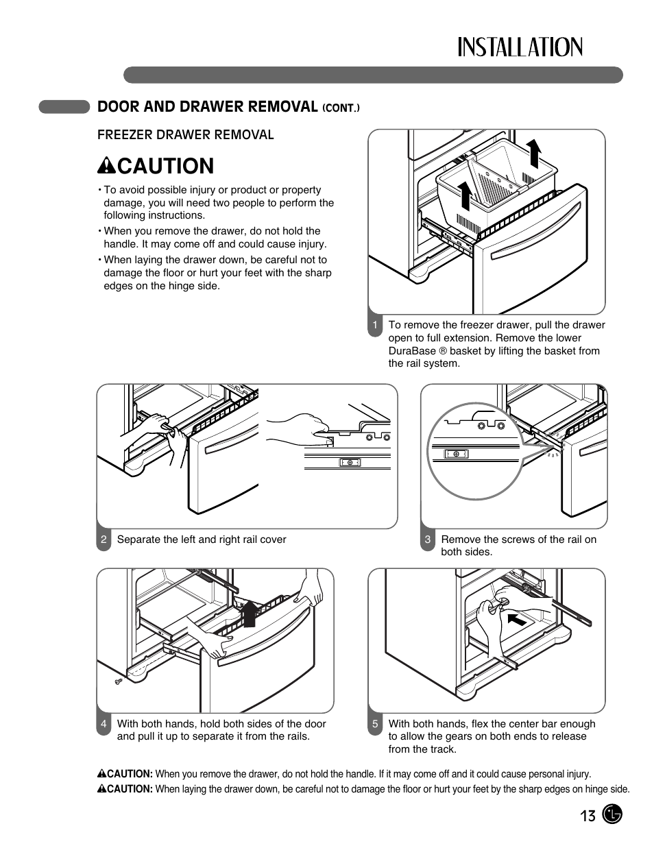Wcaution, 13 door and drawer removal | LG LFC21770 User Manual | Page 13 / 108