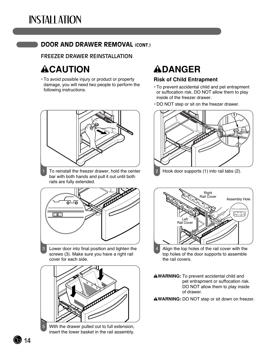 Wcaution, Wdanger, 14 door and drawer removal | LG LFC21770 User Manual | Page 14 / 108