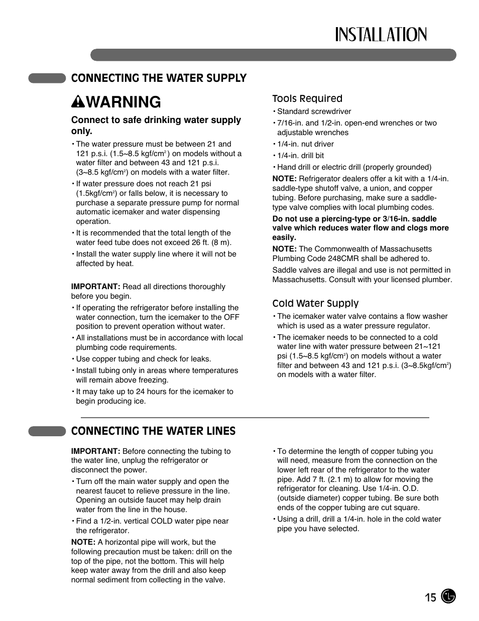 Wwarning, 15 connecting the water supply, Connecting the water lines | LG LFC21770 User Manual | Page 15 / 108