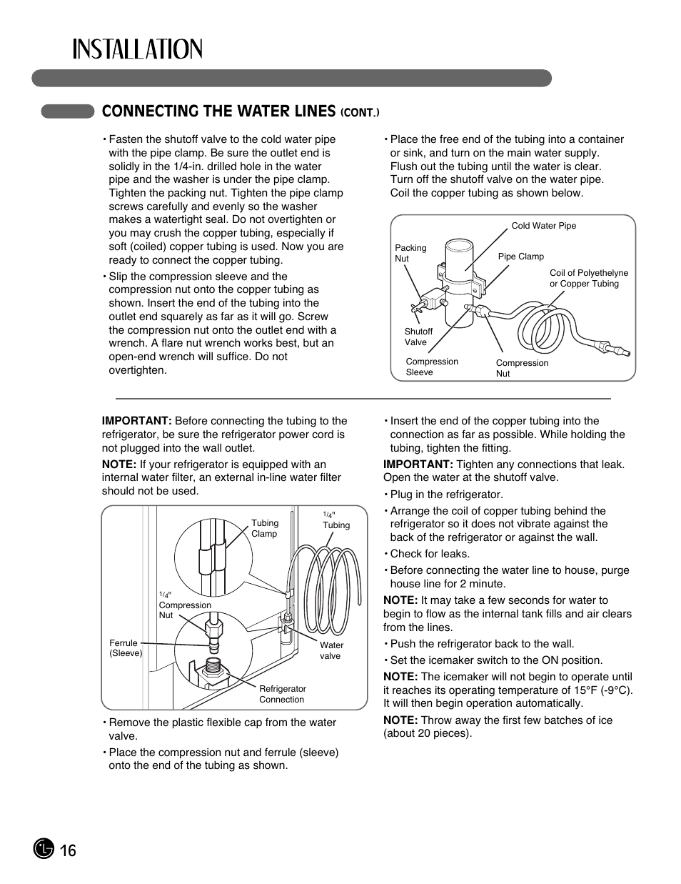 16 connecting the water lines | LG LFC21770 User Manual | Page 16 / 108