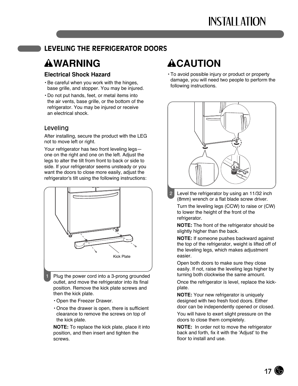 Wwarning, Wcaution, 17 leveling the refrigerator doors | LG LFC21770 User Manual | Page 17 / 108