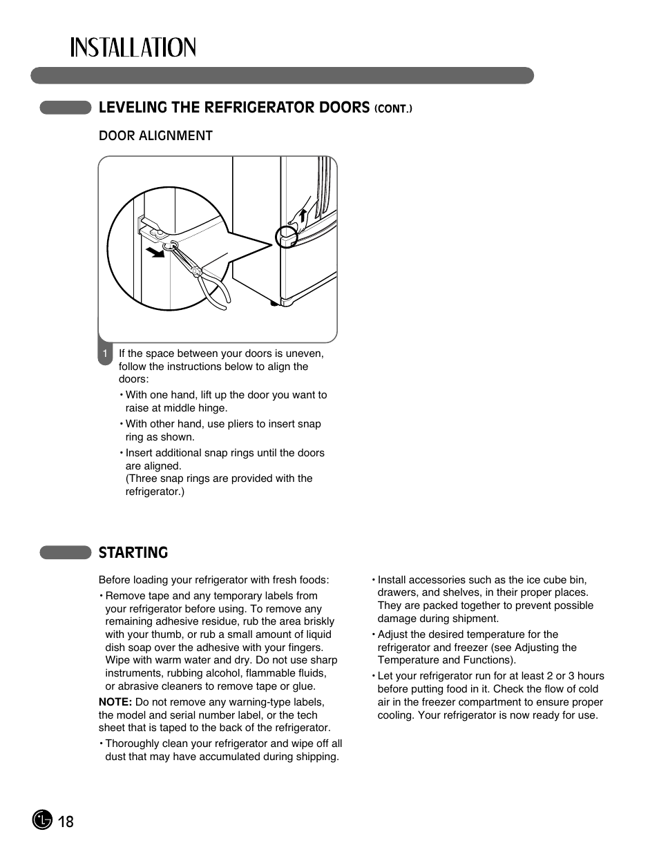 Starting, 18 leveling the refrigerator doors | LG LFC21770 User Manual | Page 18 / 108