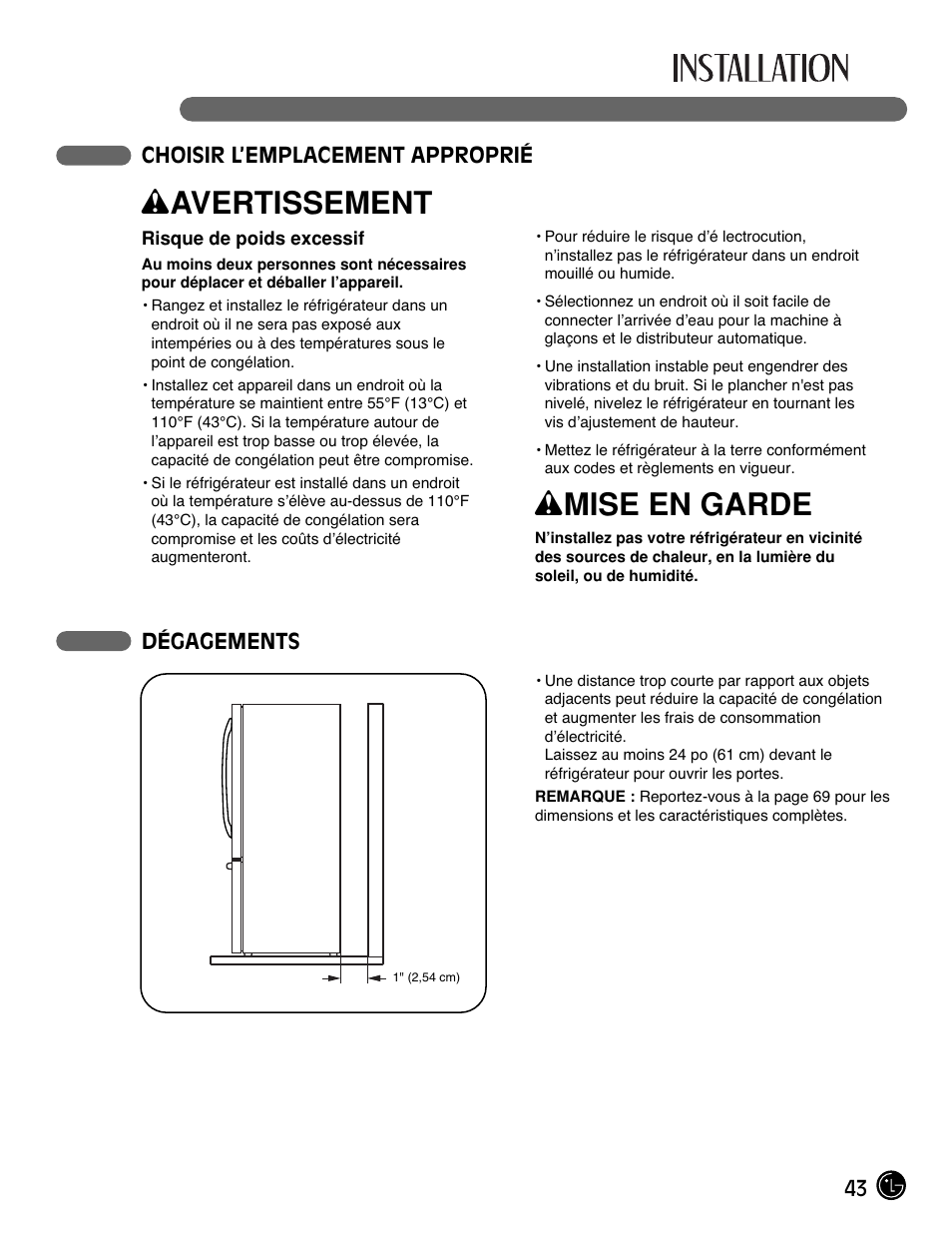 Wavertissement, Wmise en garde | LG LFC21770 User Manual | Page 43 / 108