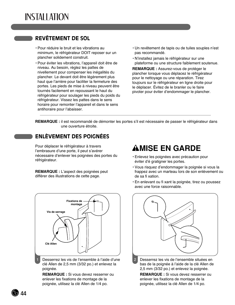 Wmise en garde, Enlèvement des poignées, 44 revêtement de sol | LG LFC21770 User Manual | Page 44 / 108