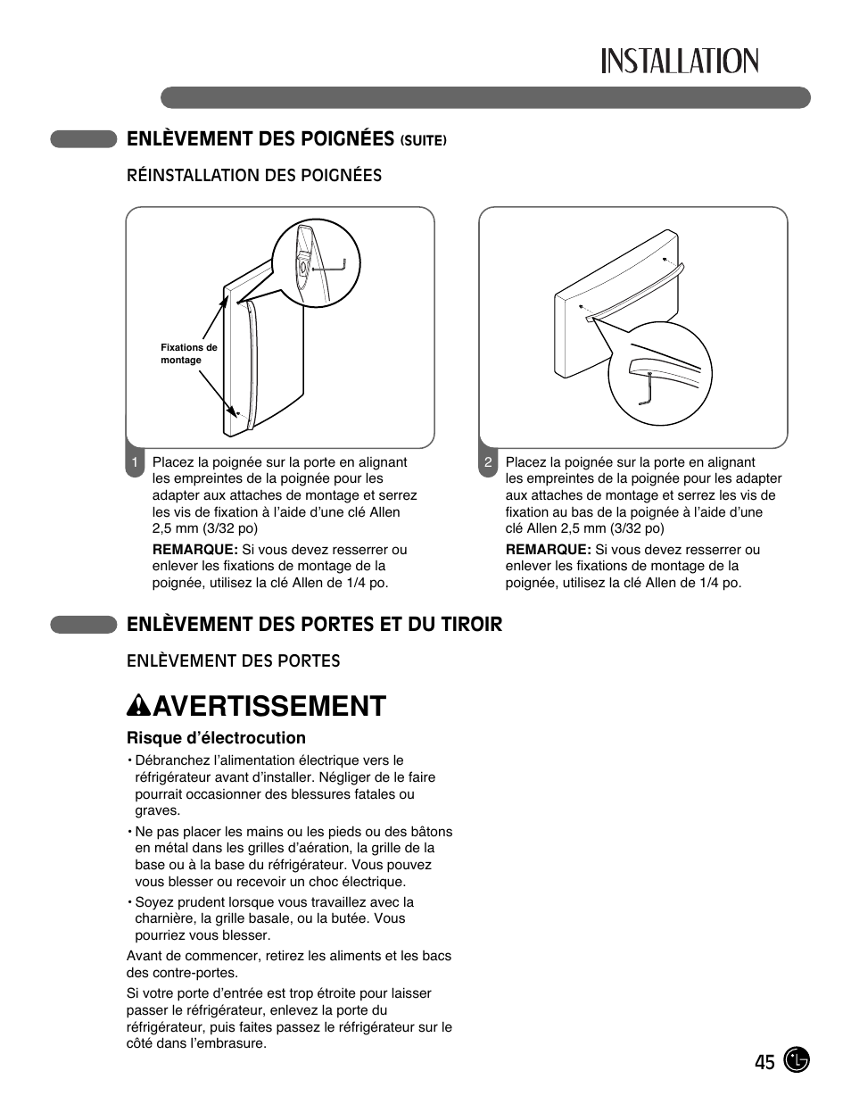 Wavertissement, 45 enlèvement des poignées, Enlèvement des portes et du tiroir | LG LFC21770 User Manual | Page 45 / 108