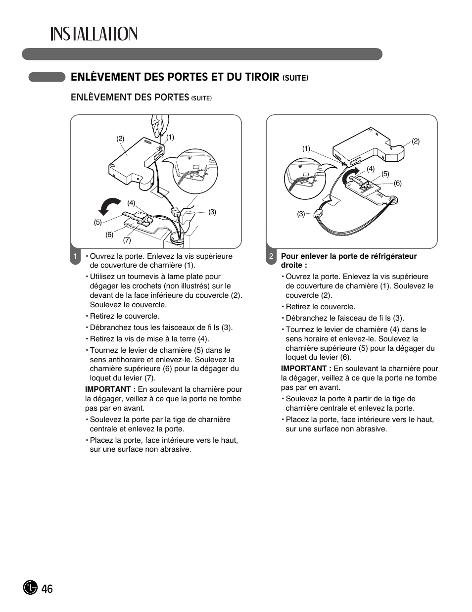 46 enlèvement des portes et du tiroir | LG LFC21770 User Manual | Page 46 / 108