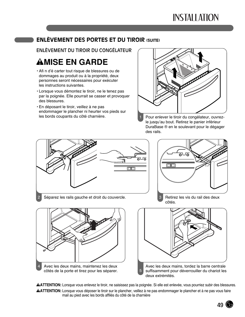 Wmise en garde, 49 enlèvement des portes et du tiroir | LG LFC21770 User Manual | Page 49 / 108
