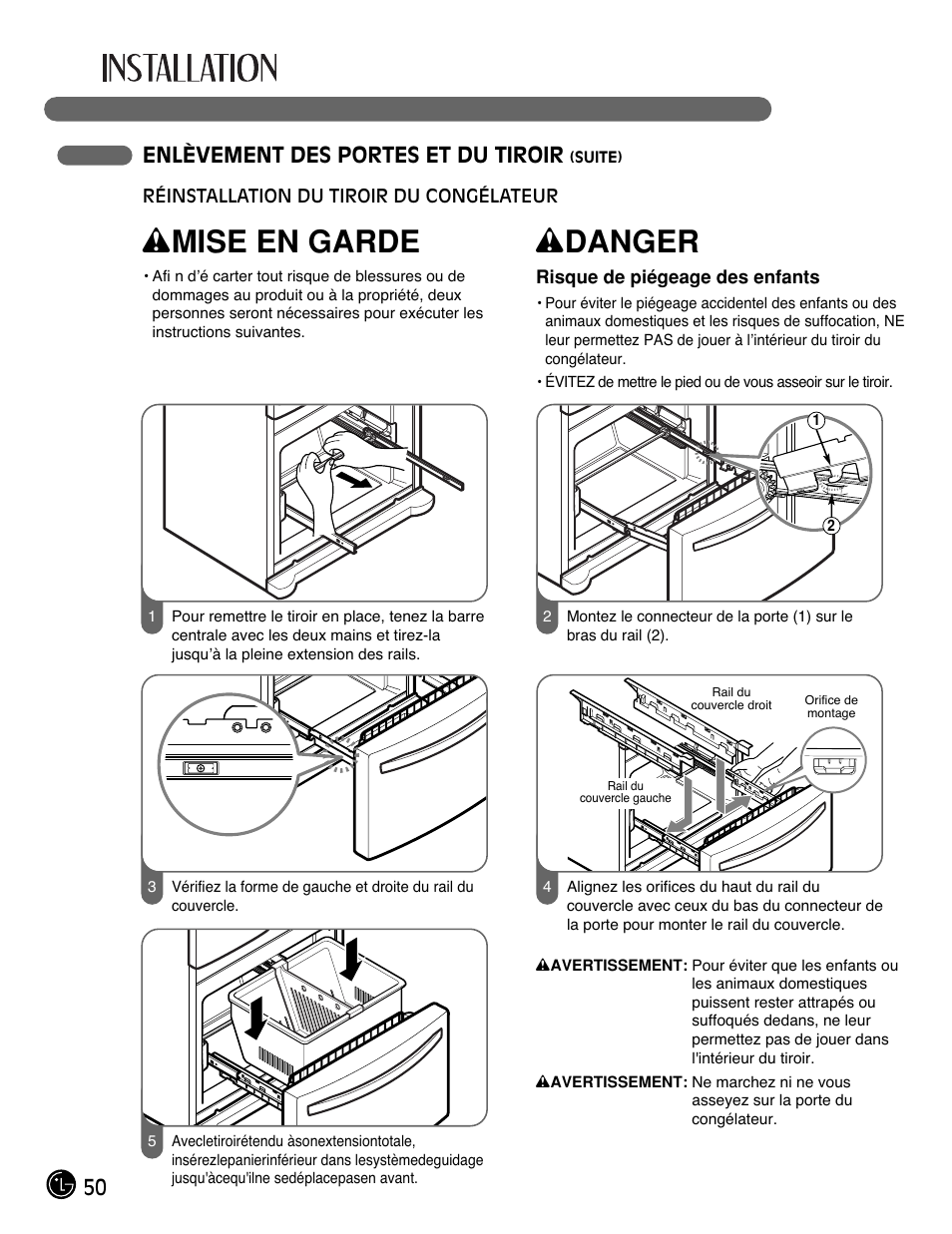 Wmise en garde, Wdanger, 50 enlèvement des portes et du tiroir | LG LFC21770 User Manual | Page 50 / 108