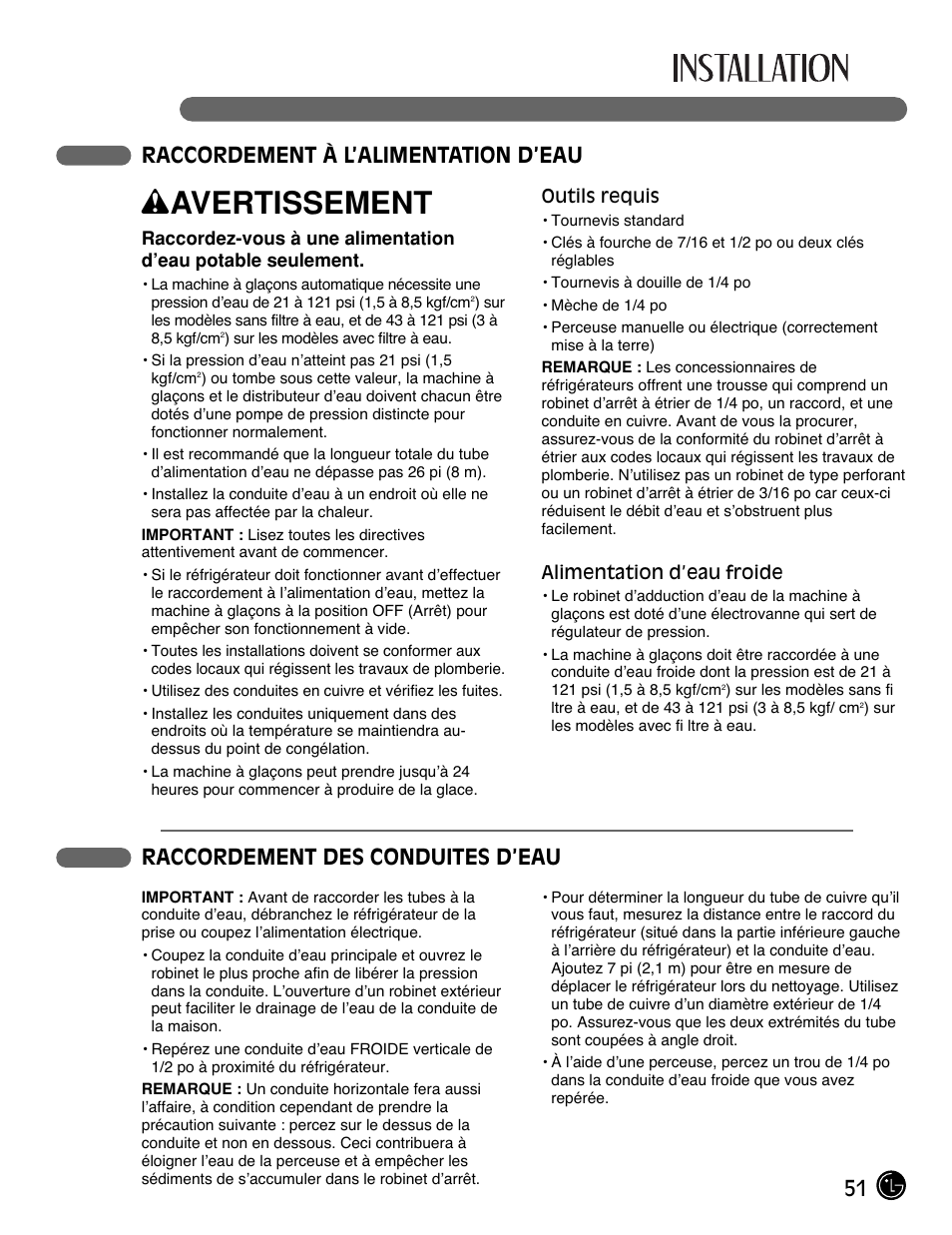 Wavertissement, 51 raccordement à l’alimentation d’eau, Raccordement des conduites d’eau | LG LFC21770 User Manual | Page 51 / 108