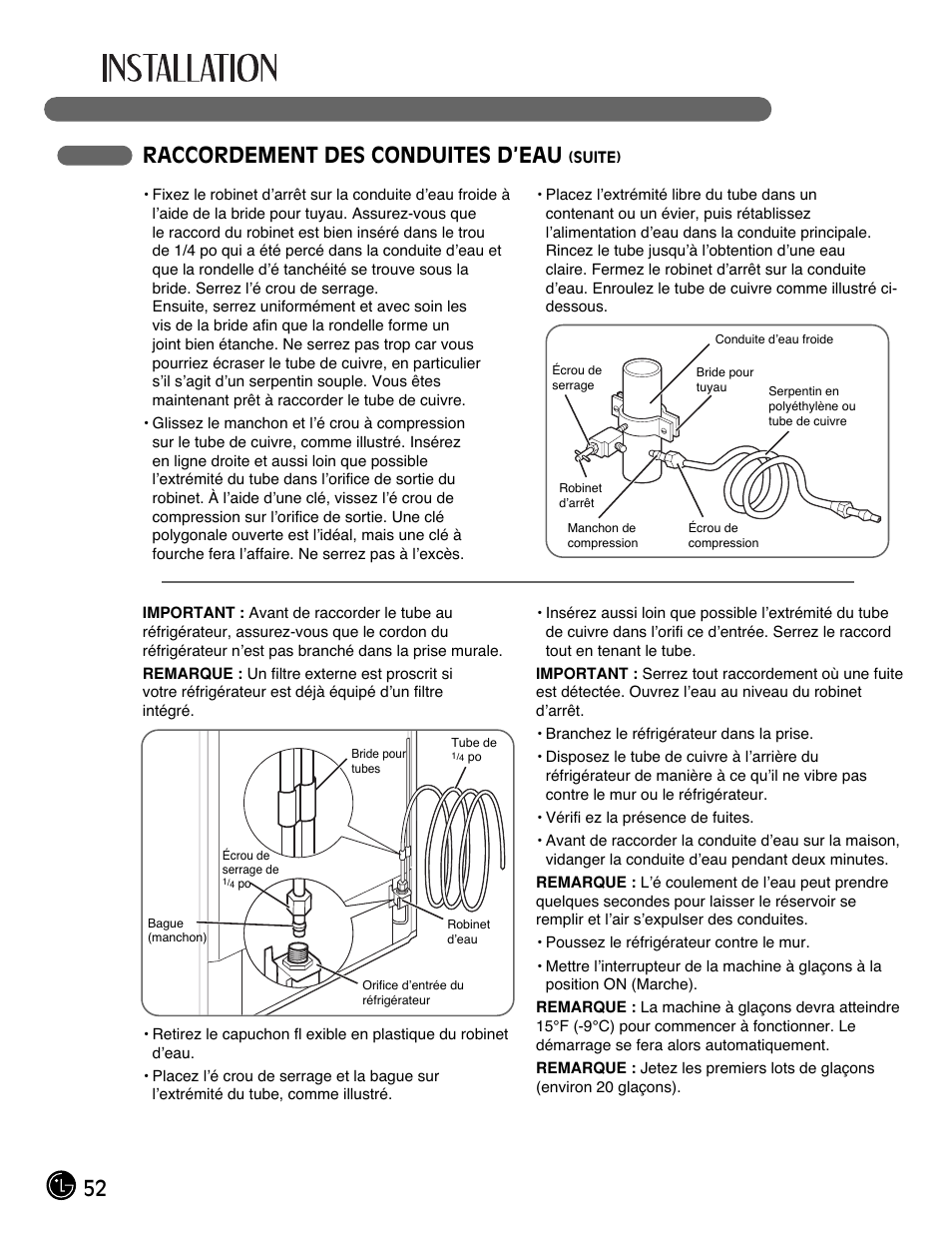 52 raccordement des conduites d’eau | LG LFC21770 User Manual | Page 52 / 108