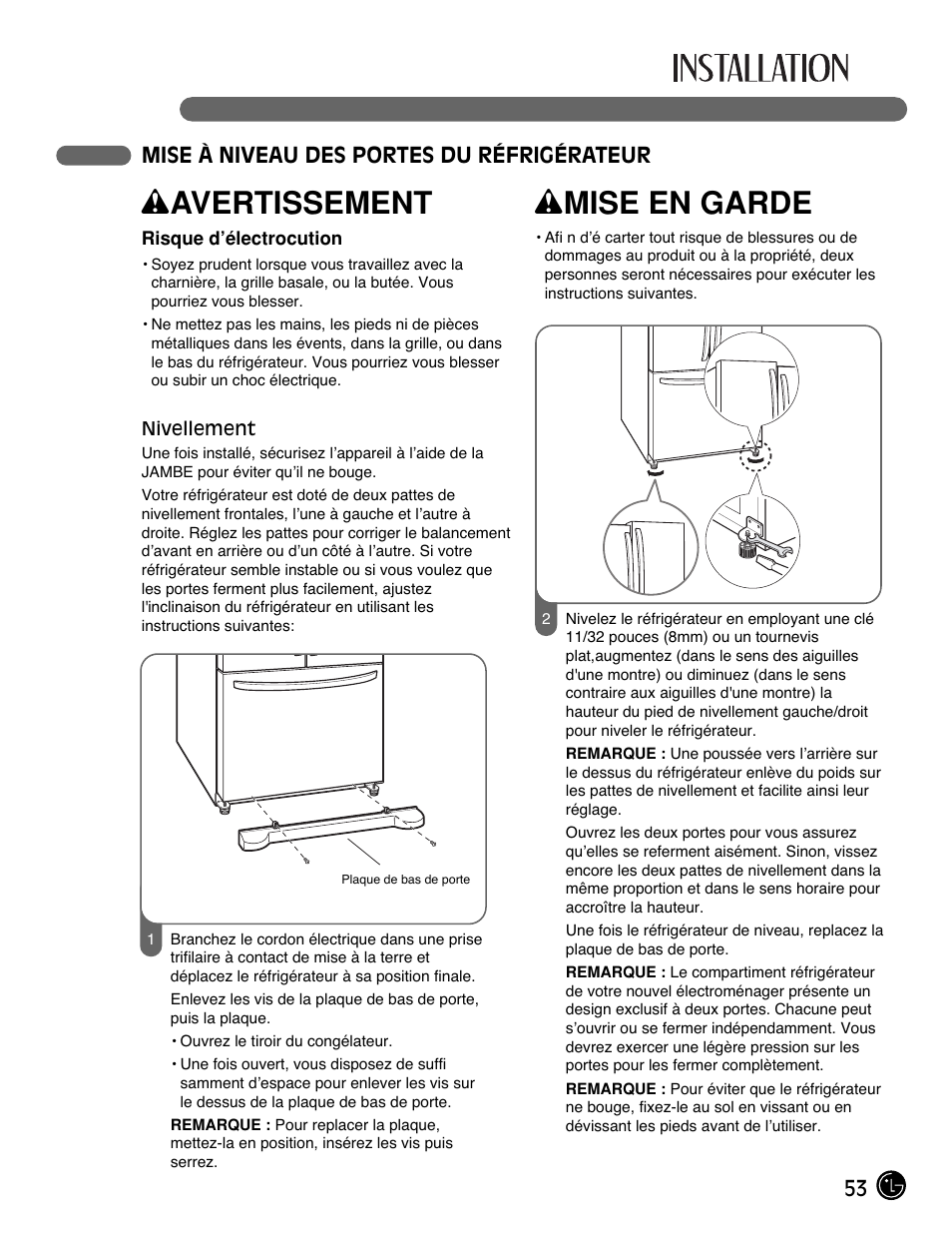 Wavertissement, Wmise en garde, 53 mise à niveau des portes du réfrigérateur | LG LFC21770 User Manual | Page 53 / 108