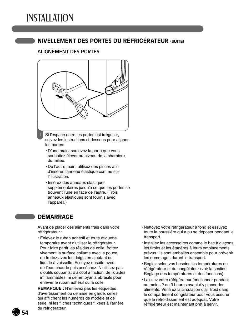 Démarrage, 54 nivellement des portes du réfrigérateur | LG LFC21770 User Manual | Page 54 / 108
