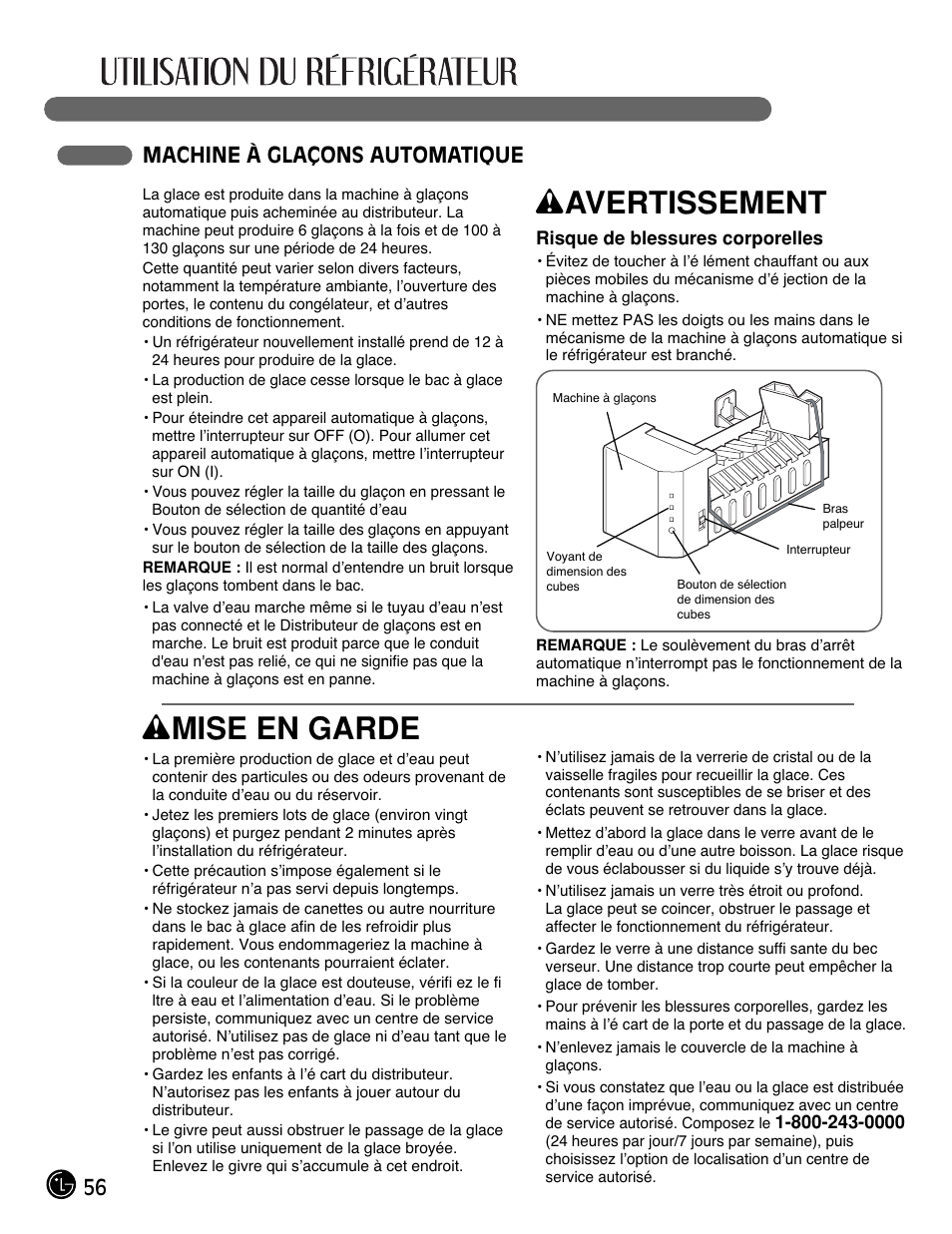 Wavertissement, Wmise en garde, 56 machine à glaçons automatique | LG LFC21770 User Manual | Page 56 / 108