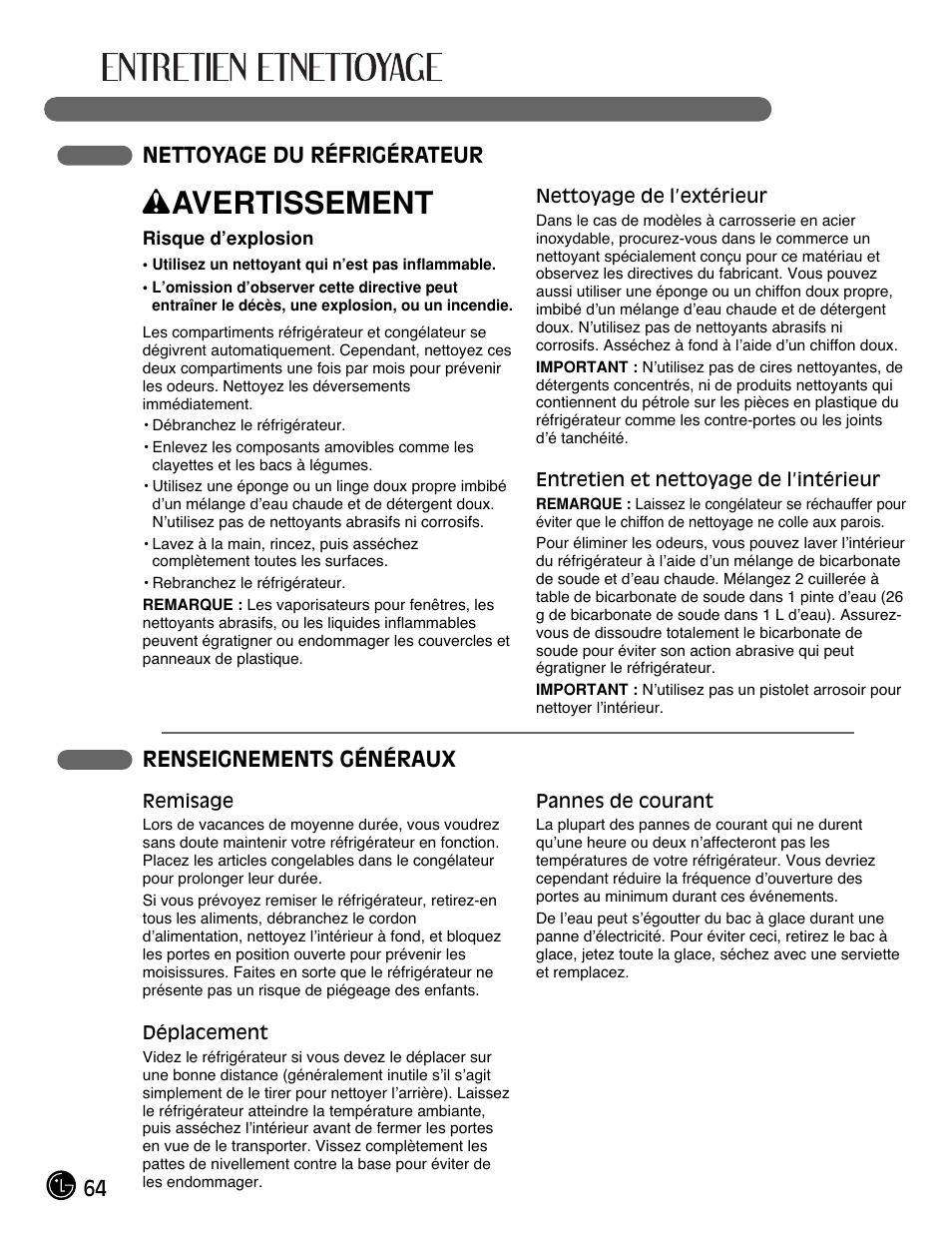 Wavertissement, 64 nettoyage du réfrigérateur, Renseignements généraux | LG LFC21770 User Manual | Page 64 / 108