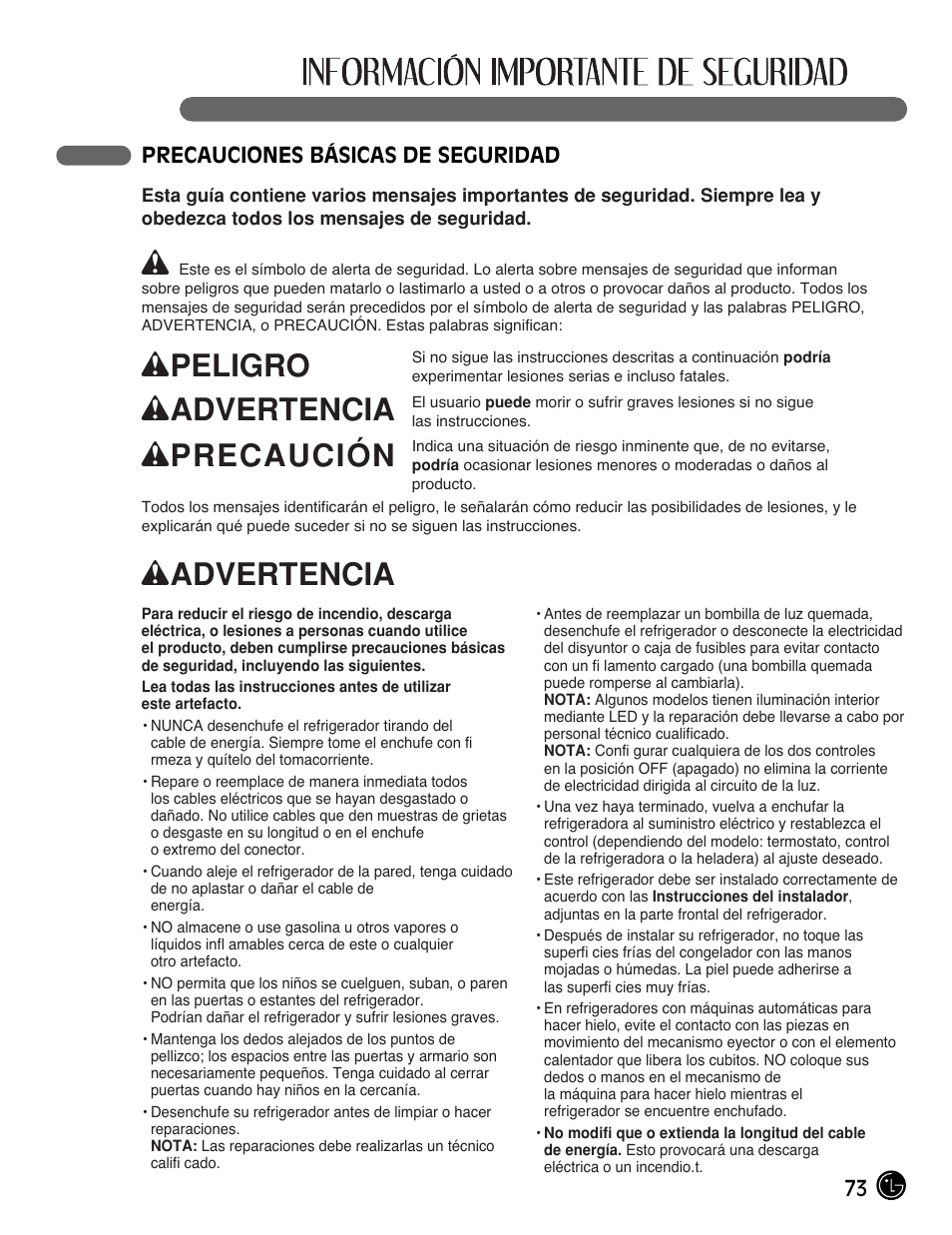 Wpeligro, Wadvertencia, Wprecaución | LG LFC21770 User Manual | Page 73 / 108