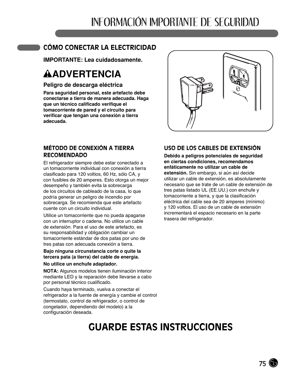 Wadvertencia, Guarde estas instrucciones | LG LFC21770 User Manual | Page 75 / 108