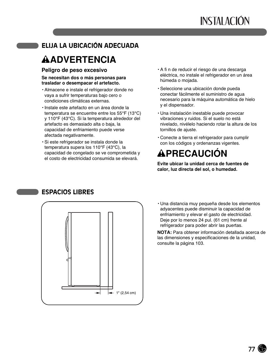 Wadvertencia, Wprecaución | LG LFC21770 User Manual | Page 77 / 108